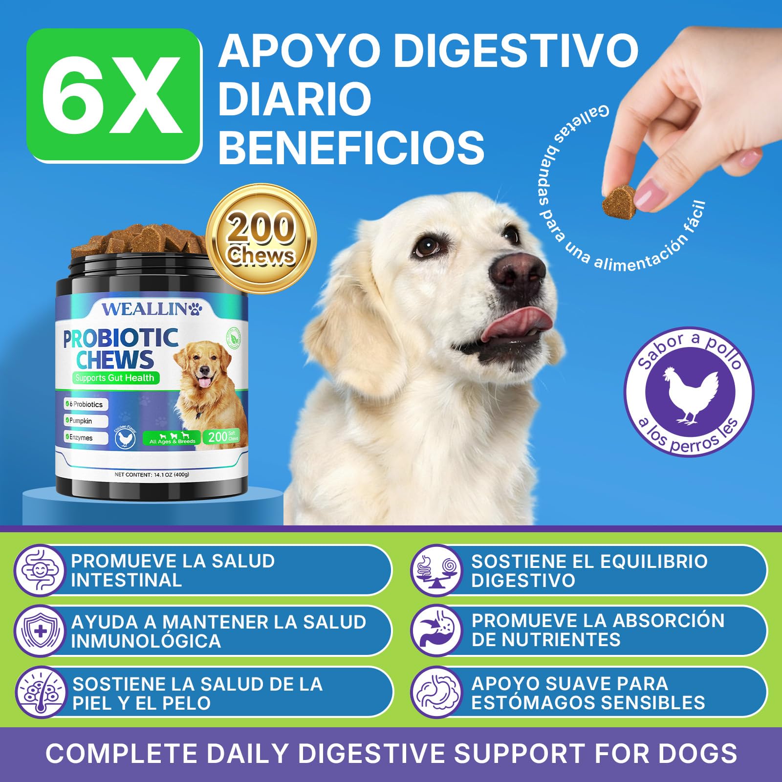 Probióticos para Perros, Prebióticos para la Salud Intestinal – Apoya la Salud Digestiva y la Absorción de Nutrientes–200 Bocaditos Blandos que Apoyan la Salud de la Piel y el Bienestar General