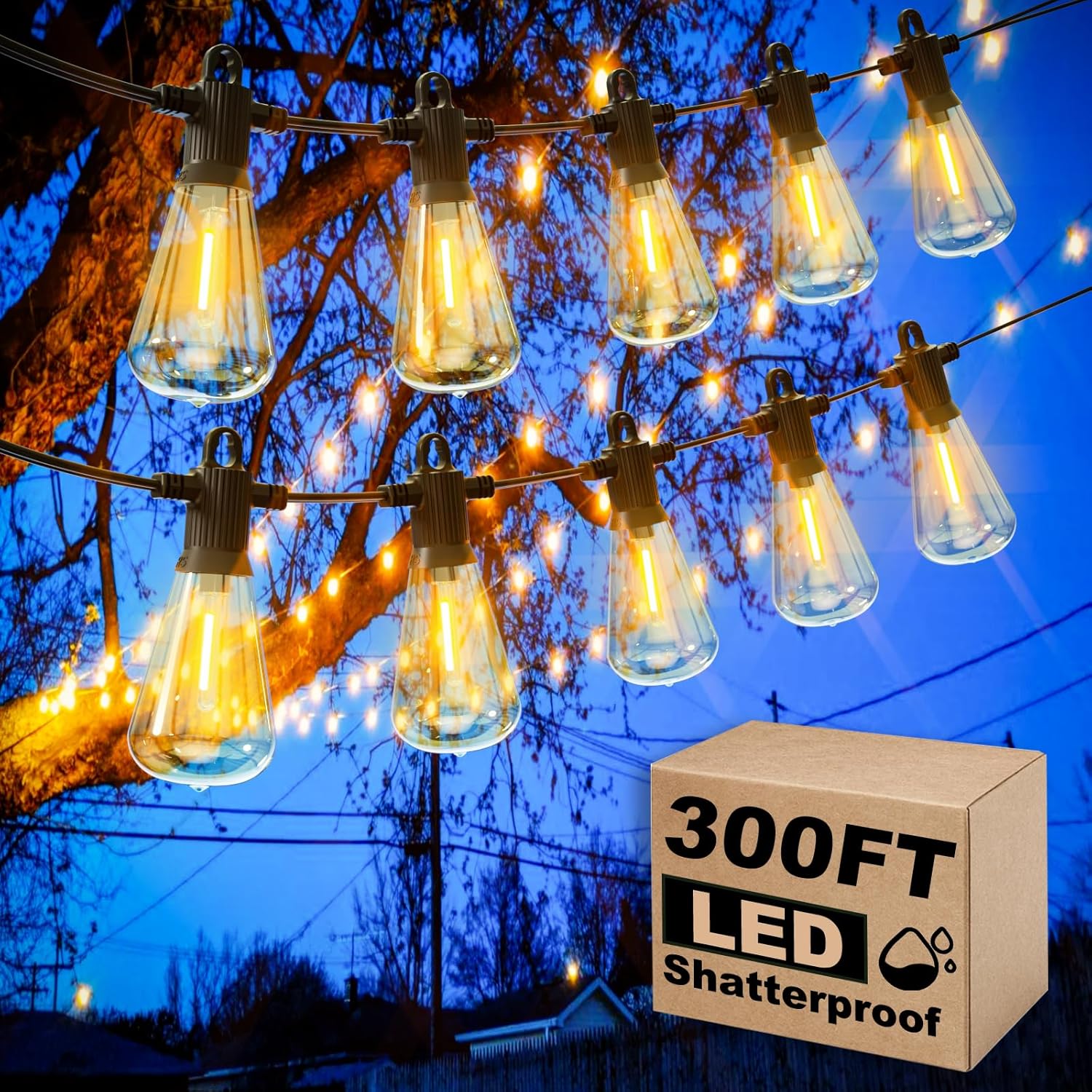 outdoor string lights waterproof, 300ft patio lights with 146 shatterproof st38 globe bulbs(6 spare), connectable dimmable led hanging string lights for outside backyard porch balcony(150ft x 2) st38-300ft