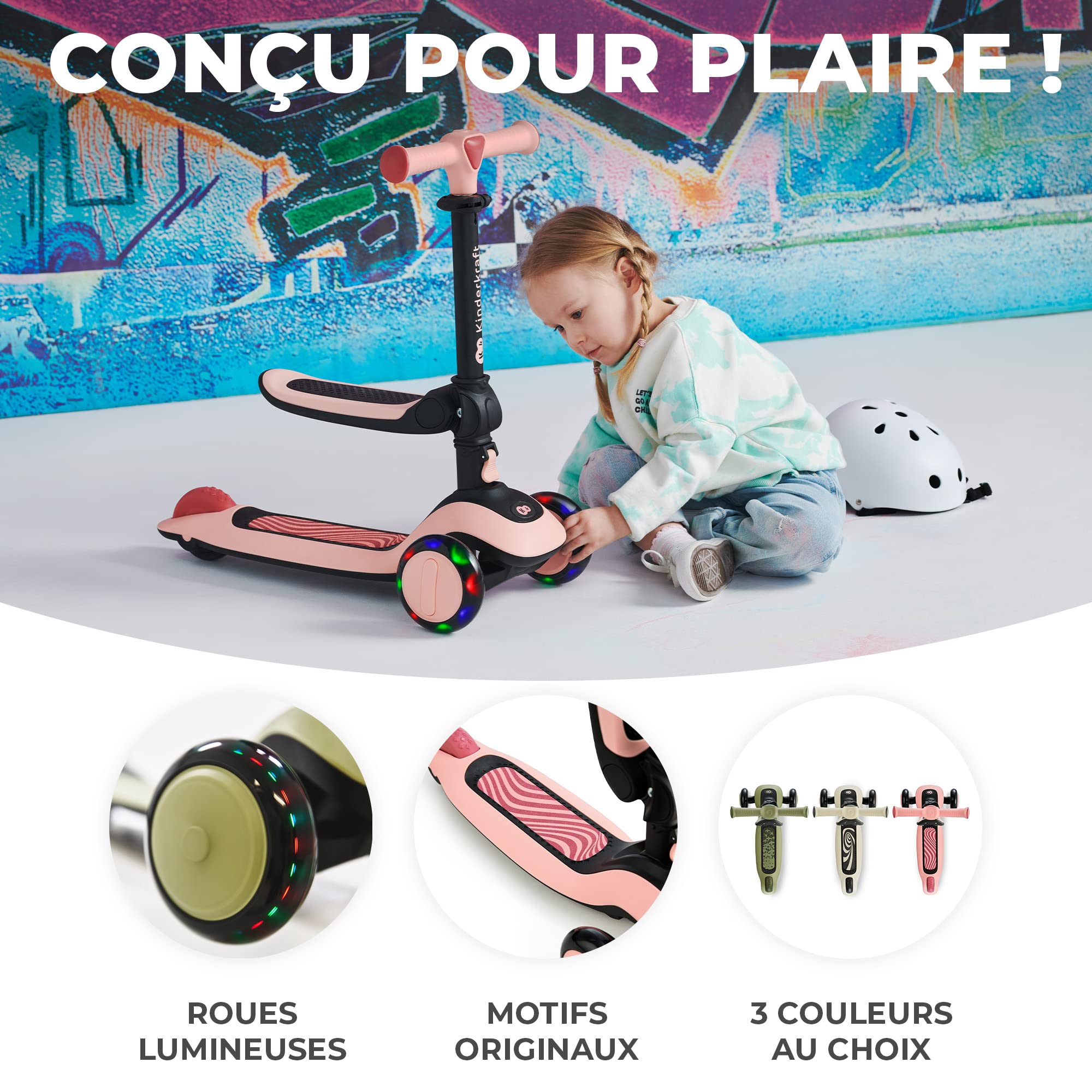 Kinderkraft Halley, Trottinette, Draisienne, Patinette, Scooter, Multifonctionnel, Moderne, Trois Roues, Réglable, LED Roues, Frein, 2 Ans jusqu'à 50 kg, Rose