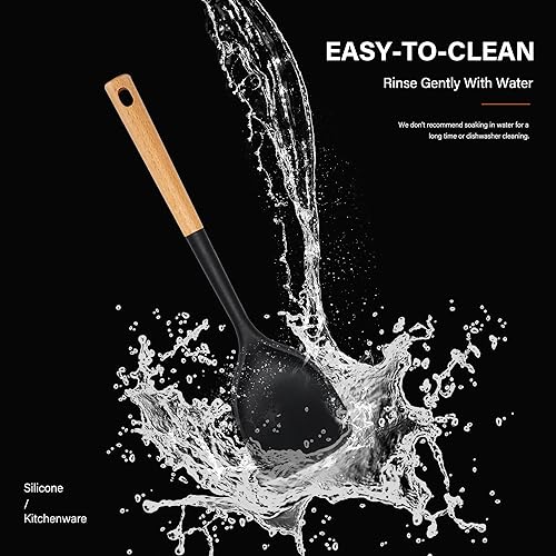Miniatura 4 de Juego de utensilios de cocina de silicona, resistente al calor, juego de utensilios de cocina grandes con mango de madera largo, espátula de