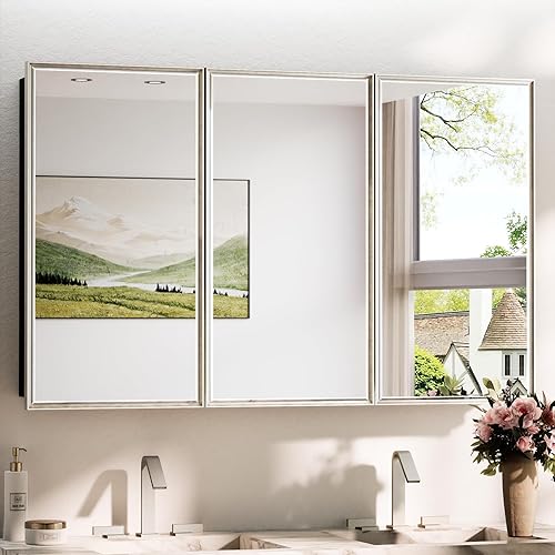 Miniatura 18 de TokeShimi Botiquín empotrado de 26 x 30 pulgadas con espejo montado en la pared, espejo biselado de metal con almacenamiento para tocador de baño