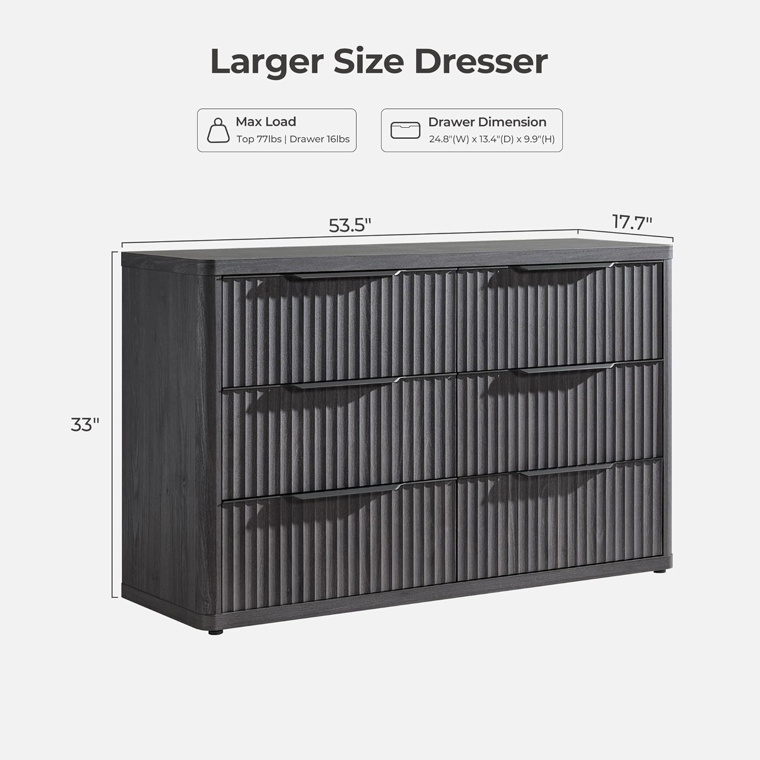 SICOTAS Dresser for Bedroom 53.5" Wide 6 Drawer Dressers & Chests of Drawers for Closet Long Large Modern TV Stand Set for Clothes Storage Fluted Clothes Closet for Hallway Entryway, Dark Grey Alder Dark Grey Alder 1 Piece
