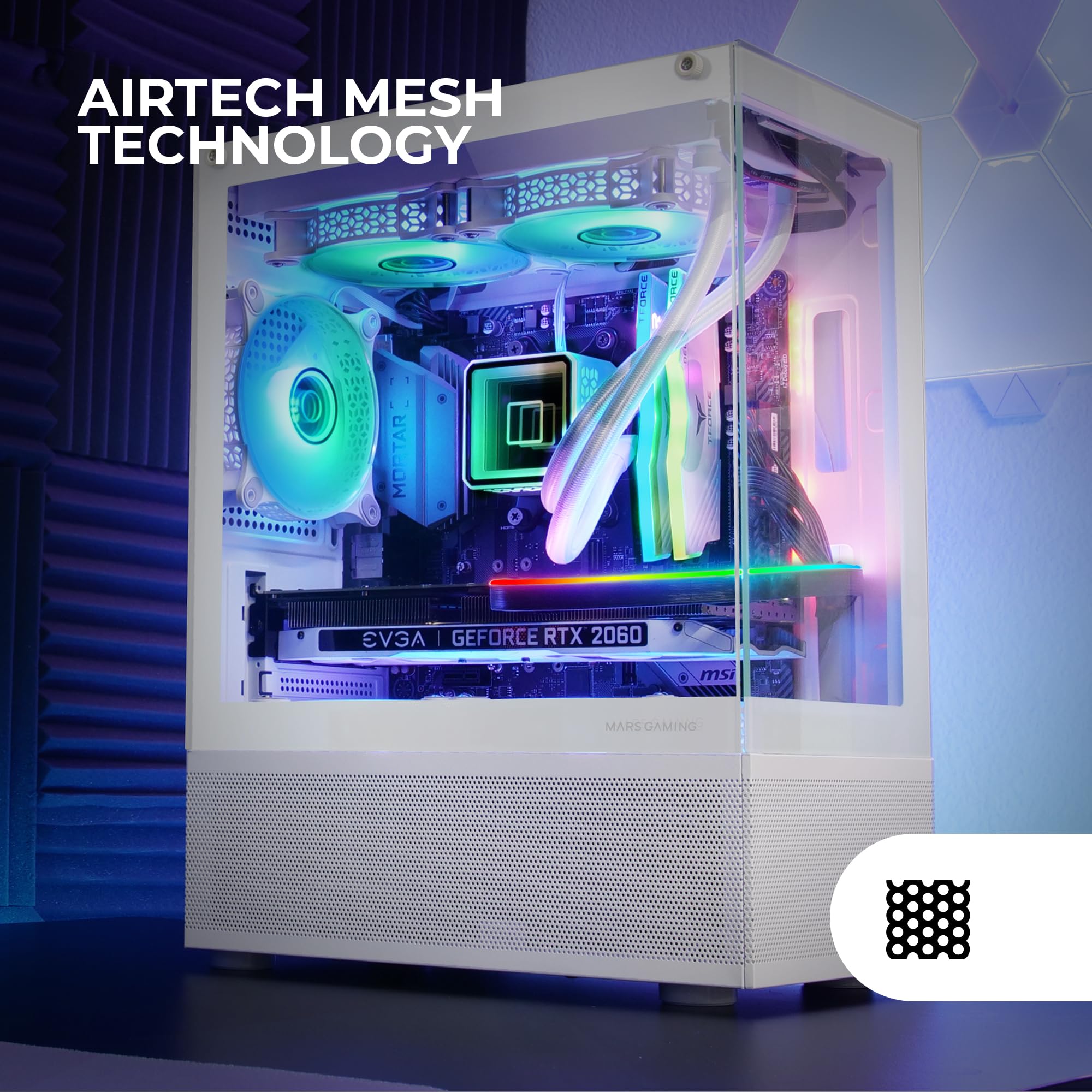Mars Gaming MC-SE, Case PC Micro-ATX, Pannelli Frontali e Laterali Vetro Senza Cornice, Design Tecnologia AirTech Mesh, Mini Tower Gaming Doppia Camera, Supporto Raffreddamento a Liquido, Bianco
