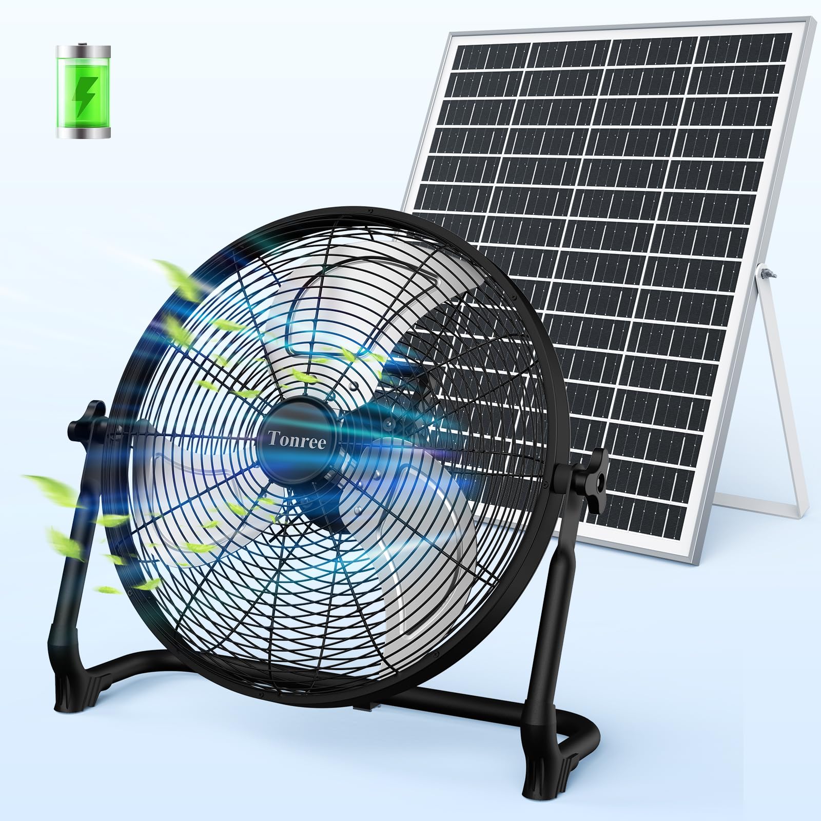 Photo 1 of 18" Portable Battery Operated Solar Fan, Rechargeable Floor Fan, Hi-Velocity Cordless Camping Fan, USB Phone Charge, 12-60H Runtime, Quiet, Wireless, For Travel Shed Outdoor Home Garage Tent Car Barn