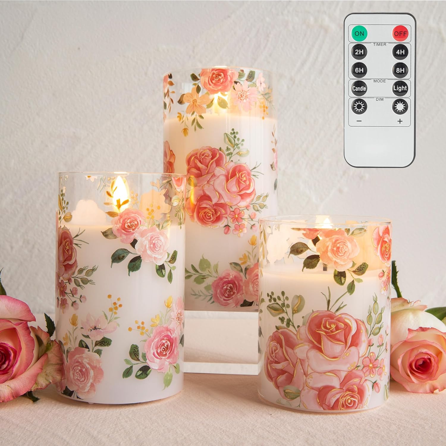 LUSHARBOR Flameless Candles with Remote, Battery Operated Glass Candles Pink Rose Flickering LED Candles Real Wax Floral Christmas Decor Electric Pillar Candles Set of 3