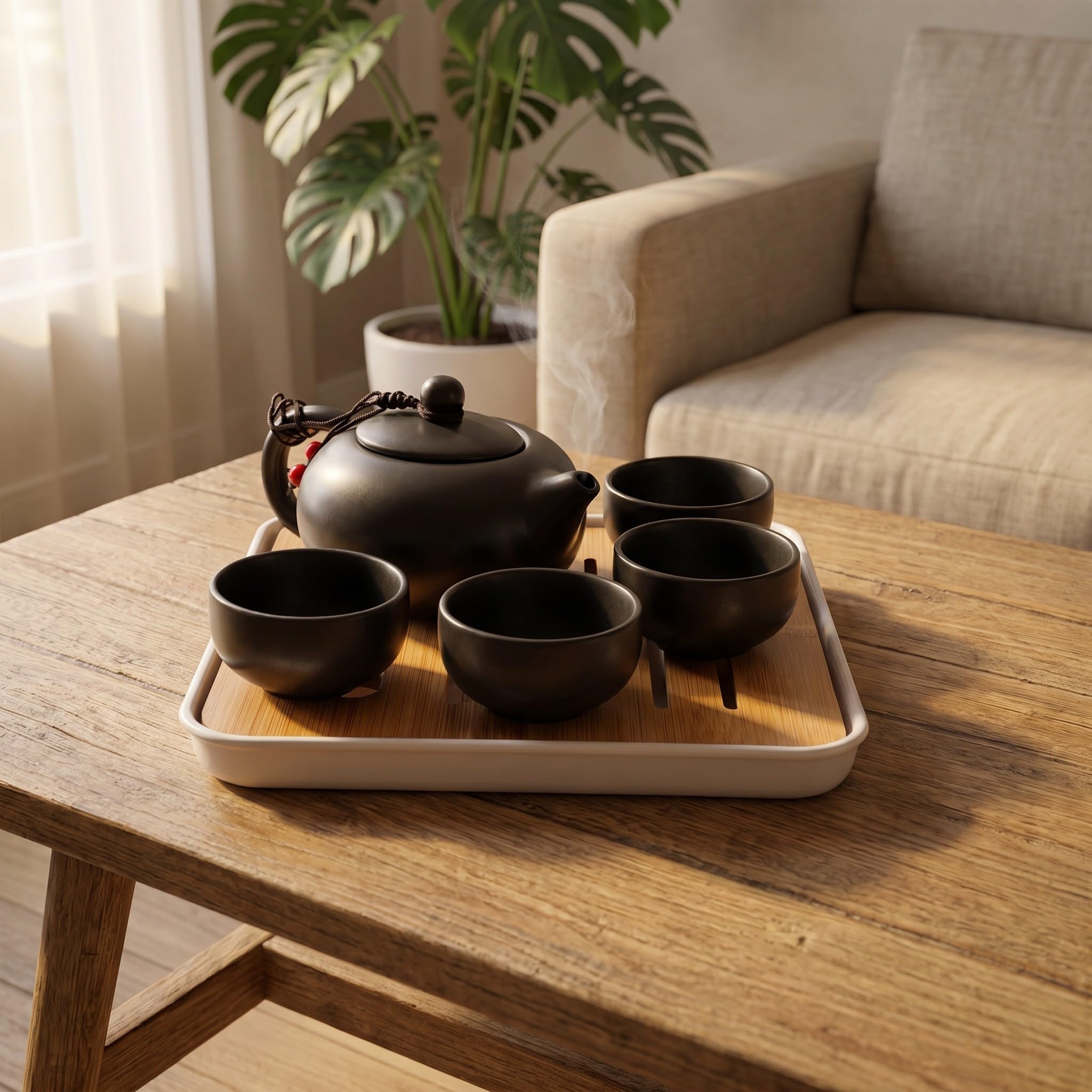 SOLUSTRE 1 Zestaw Ceramiczny Zestaw do Herbaty z Przenośną Torebką Porcelanowe Naczynia do Herbaty z Czajnikiem Filiżankami Bambusową Deską Do Serwowania i Akcesoriami na Prezent Biznesowy