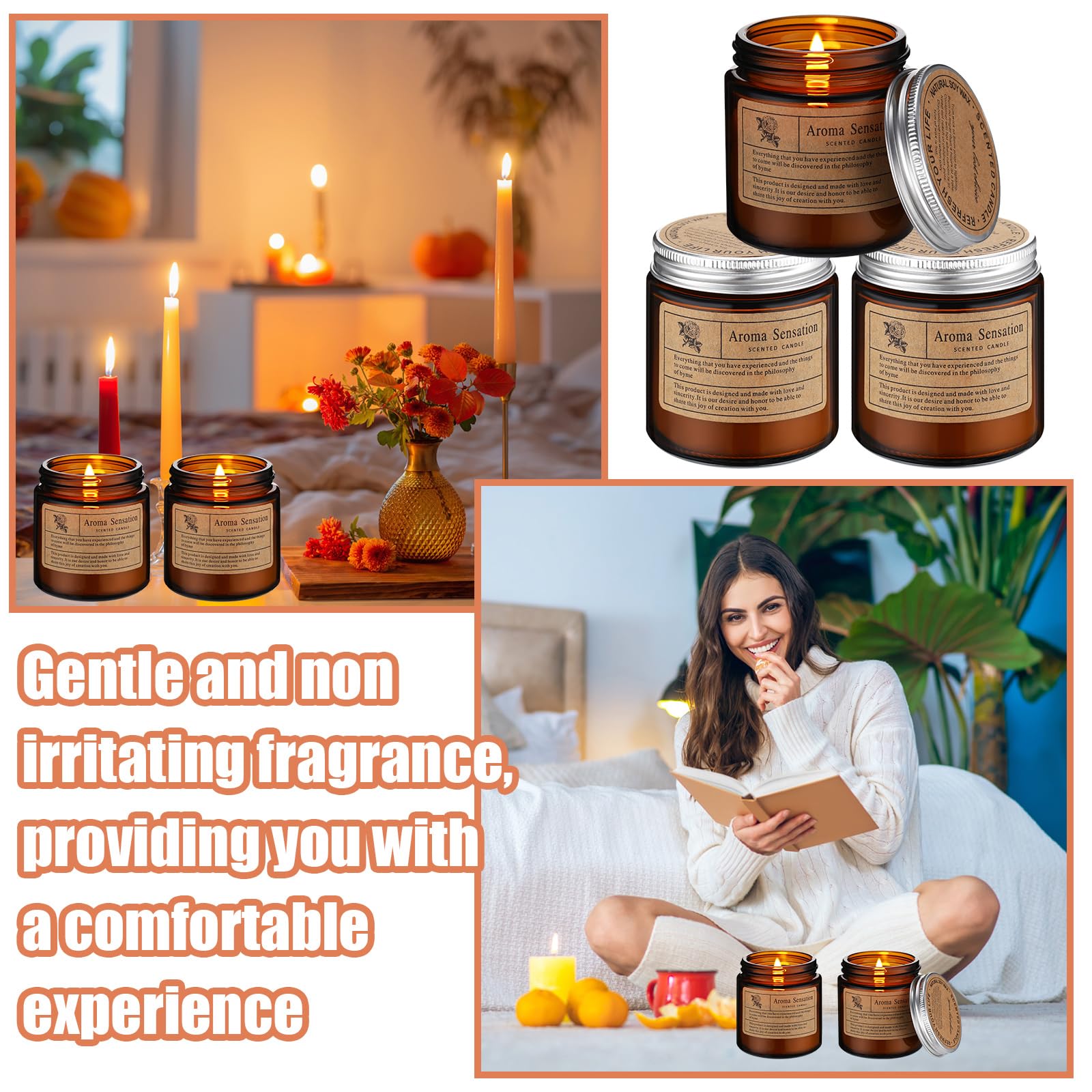 Landhoow Duftkerzen, Aromatherapie-Kerzen, Geschenk-Set für Damen, Sojawachskerzen, langlebig, inspirierende Kerzen für Lehrer, Geburtstag, Jahrestag, 60 Stück (frisch, bernsteinfarben)