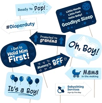 Its a Boy Baby Shower Photo Booth Props - Hello Little Boy Themed Party Decorations - Blue Party Photography Supplies - Selfie Props with Sticks - 10pcs
