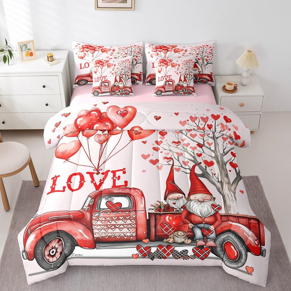 7 Pieces Twin Size Valentine's Truck Comforter Set,Gnome Couple Romantic Bedding Set for Girls Women,Roses Flowers Love Heart Balloons(Comforter+Fitted+Flat Sheet+2 Pillowcases+2 Throw Pillow Covers)