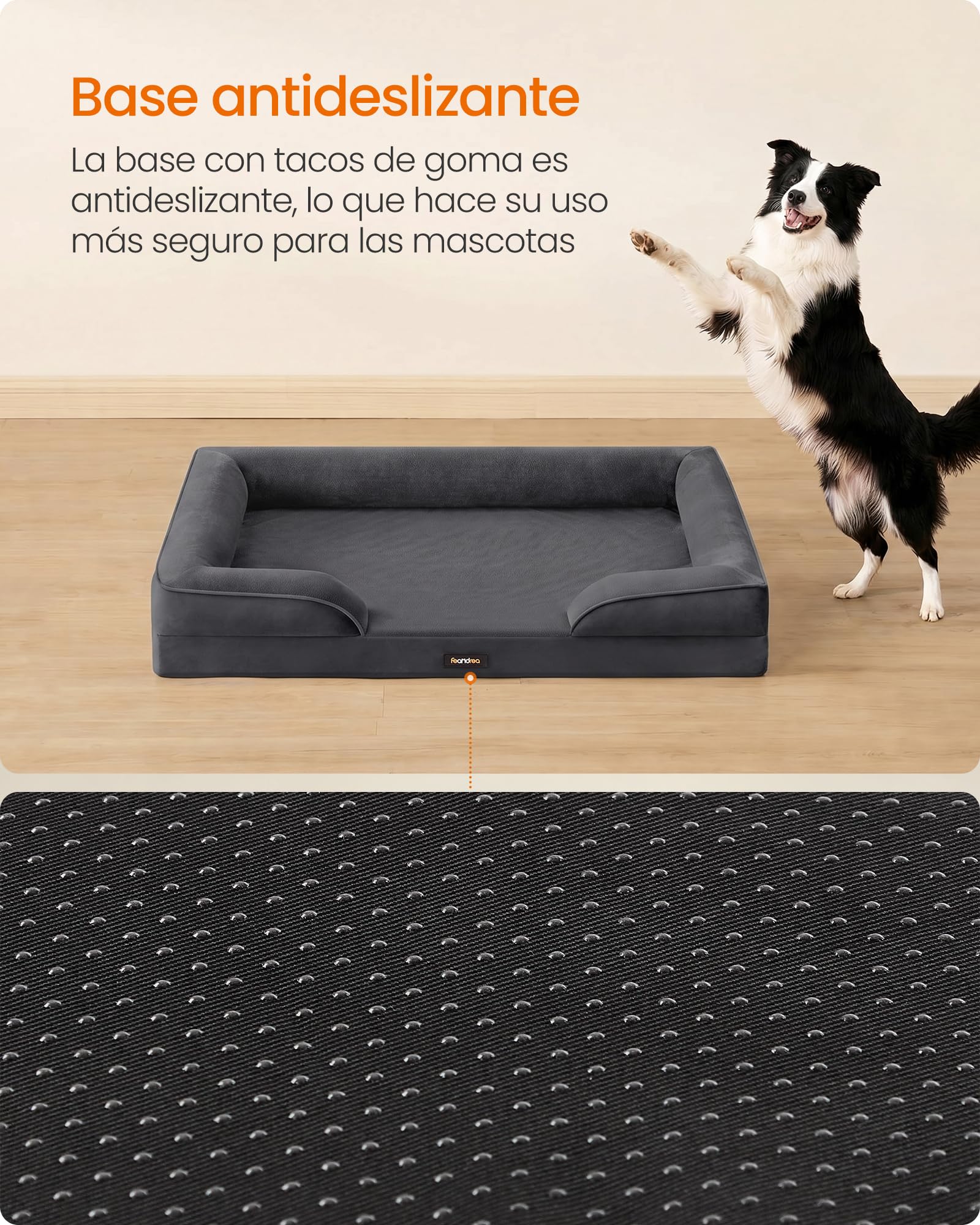 Feandrea Cama para Perros, Sofá de Franela con Espuma de Soporte, Forro Impermeable, Funda Extraíble Lavable, Fondo Antideslizante, 104 x 69 x 17 cm, Gris Plomo, Colección Blomfy PGW323GN01