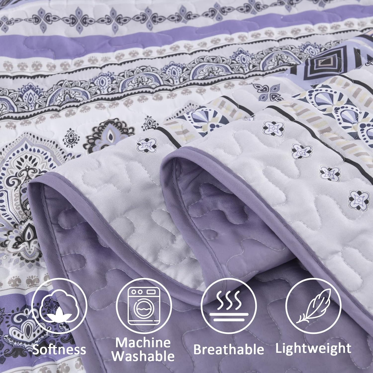 Goodidea Lilac Boho Quilt Set Queen Size, 3 Piece Light Purple Bohemian Striped Bedspread Coverlet Set with 2 Pillow Cases Lightweight Soft Microfiber Bedding Set for All Seasons (96"x90") - Image 5