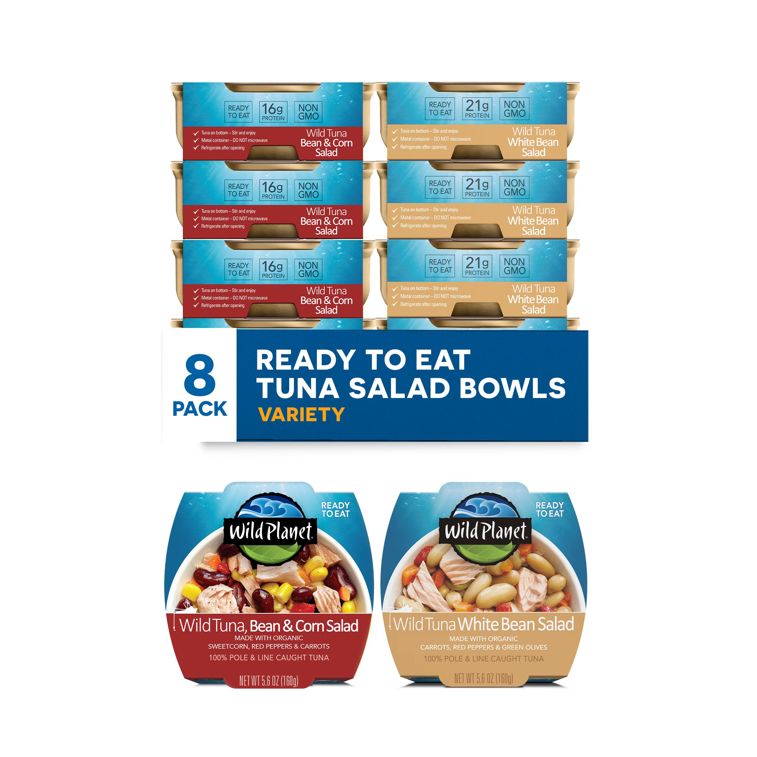 Wild Planet Ready-to-Eat Wild Tuna Salad Variety Pack, White Bean and Red Bean and Corn, 5.6oz, Pack of 8