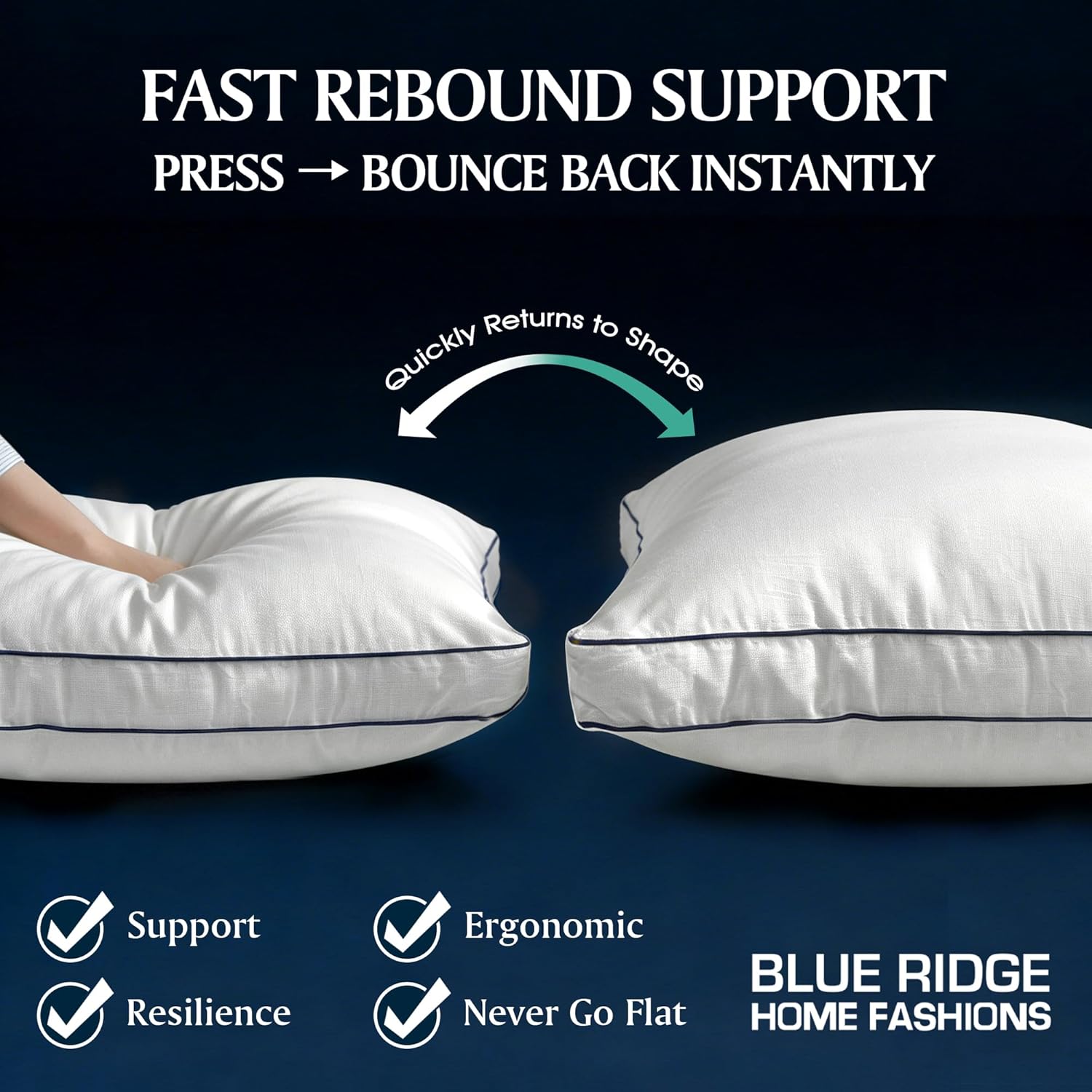 Blue Ridge Home Fashions Hotel Bed Pillows Queen Size Set of 2, 400 Thread Count 100% Cotton Cover, Medium Firm, Support Gusseted Down Alternative Pillow for Back, Stomach or Side Sleepers, 18" x 26"