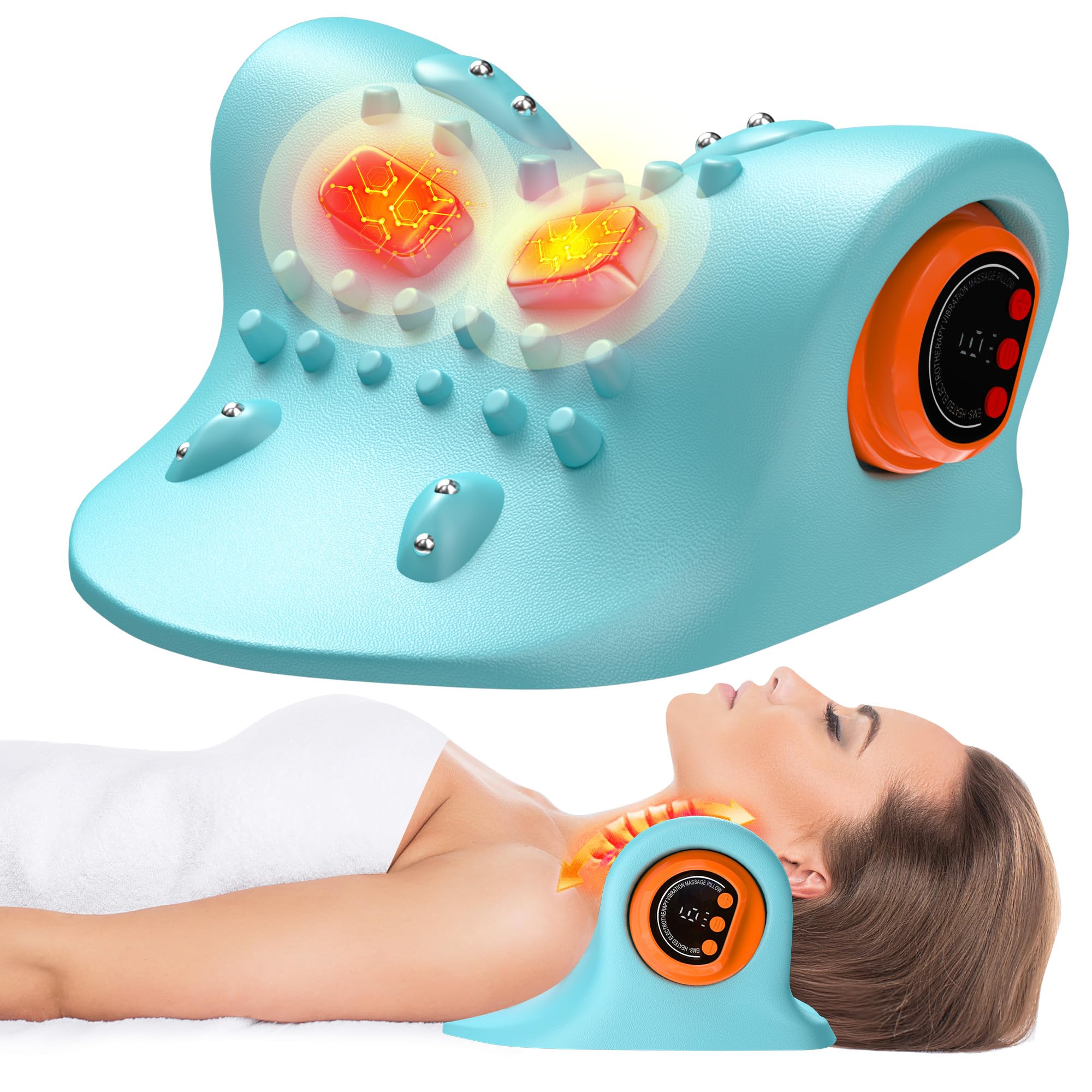 snawowo Neck Massager with Heat,3 in 1 Portable Massager with Cervical Traction &Comfortable Stretching–Adjustable Intensity for Neck & Shoulder Relaxation at Home, Office