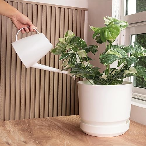 Miniatura 6 de Elly Décor Maceta cilíndrica de plástico de 14 pulgadas con platillo de riego automático y agujero de drenaje, ligera y extremadamente duradera, 14