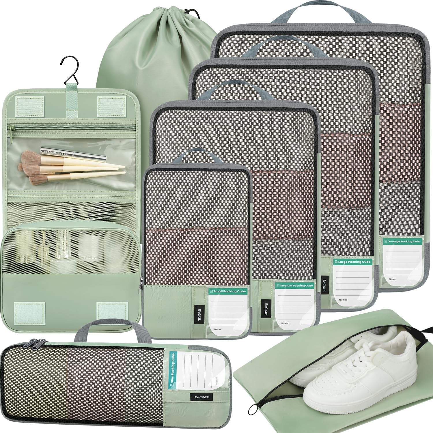 BAGAIL 4 Set/6 Set/8 Set Compression Packing Cubes Travel Accessories Expandable Packing Organizers(HalfMesh, 8-MatchaGreen)