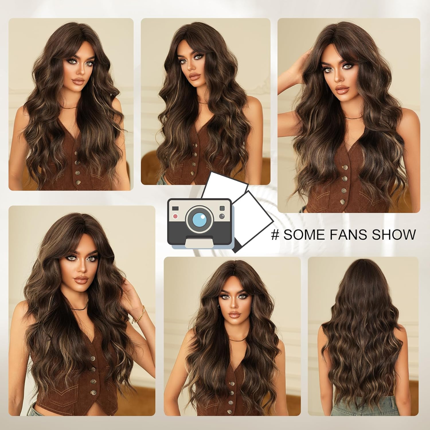 7JHH WIGS Long Wavy Chocolate Brown Middle Part Wig with Curtain Bangs for Women Heat Resistant Fiber 28Inch Highlight Blonde Synthetic Hair Wigs for Daily Use