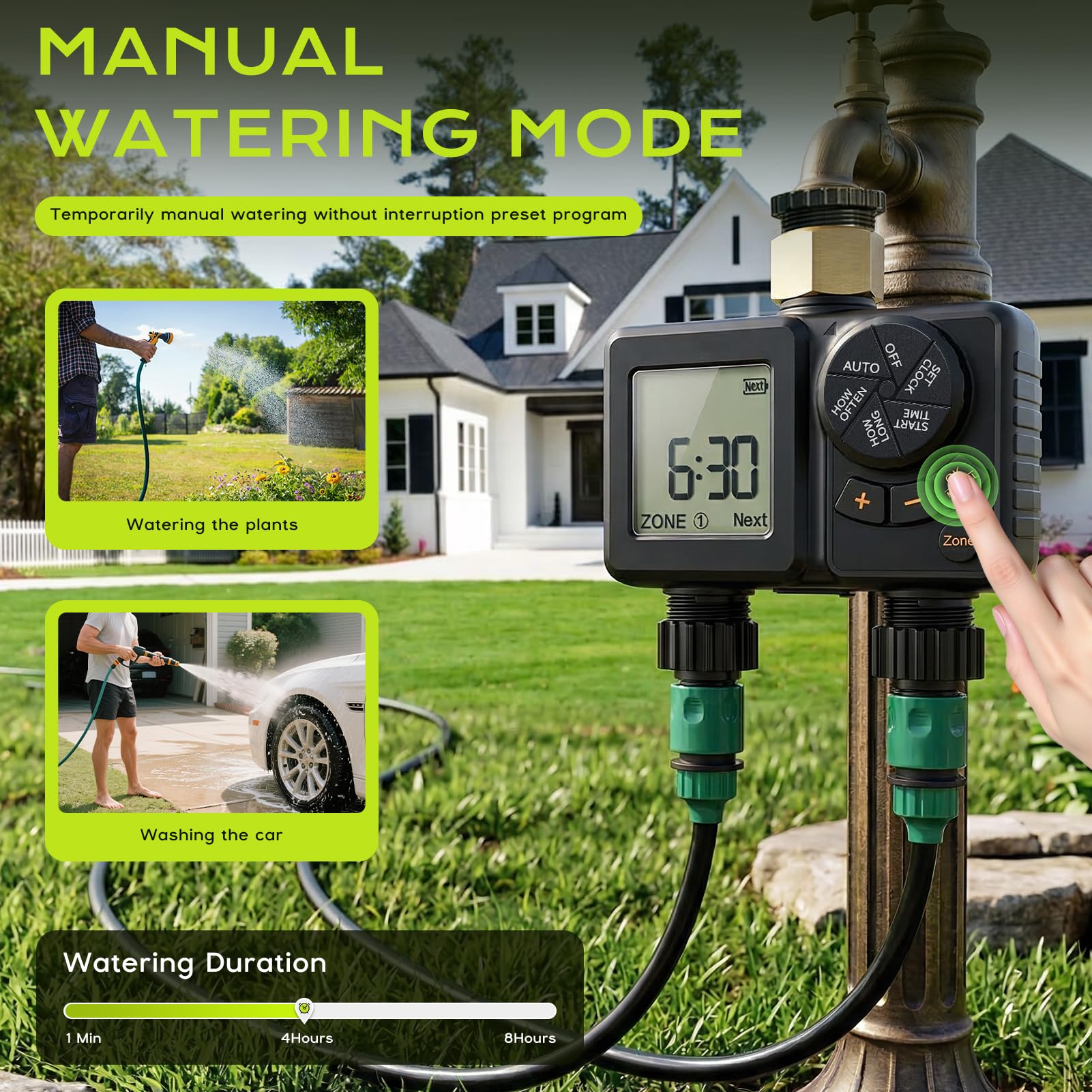 Programmateur Arrosage 2 Voies 2000mAh Rechargeable IPX6 Étanche Minuteur Arrosage Automatique, LCD 2.8", Entrée Laiton, Retard de Pluie, Arrosage Automatique et Manuel pour Jardin Pelouse