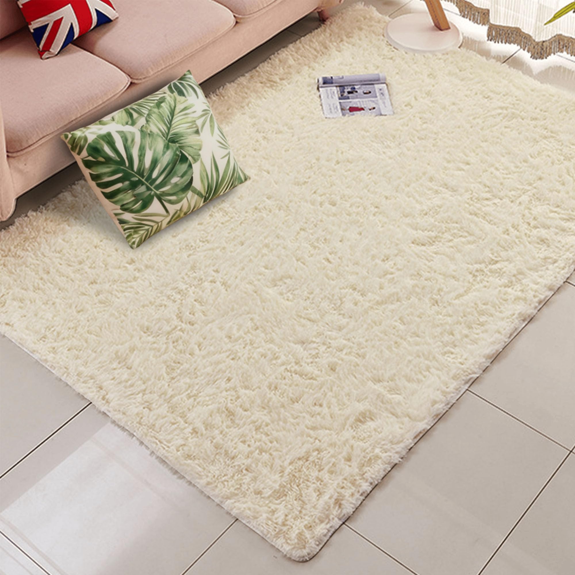 Tapis salon 220 x 340 cm antidérapant et grand tapis de lit lavable crème