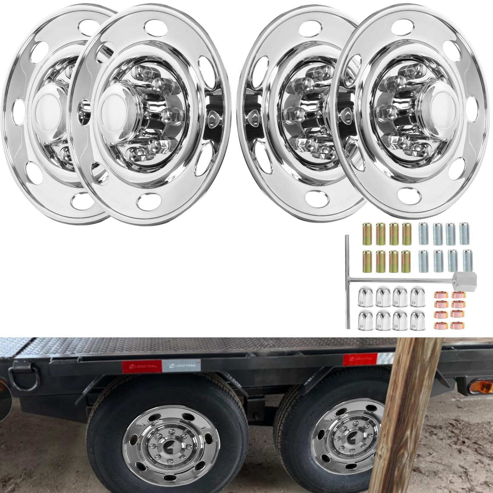 hightall 16 Wheel Simulators, Stainless Steel Trailer Hubcaps,Polished Surface,Bolts On Wheel Cover Set Compatible with Single Wheel Tandem Trailer 16In 8Lug 7 Oval Hh Dotliner