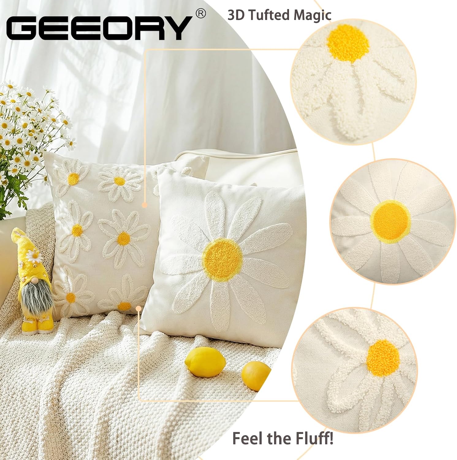 GEEORY 2-Pack 20x20 Inch Daisy Embroidered Cotton Pillow Cover | Farmhouse Spring Summer Home Decor | Durable Canvas Cushion Case for Living Room, Sofa & Bed