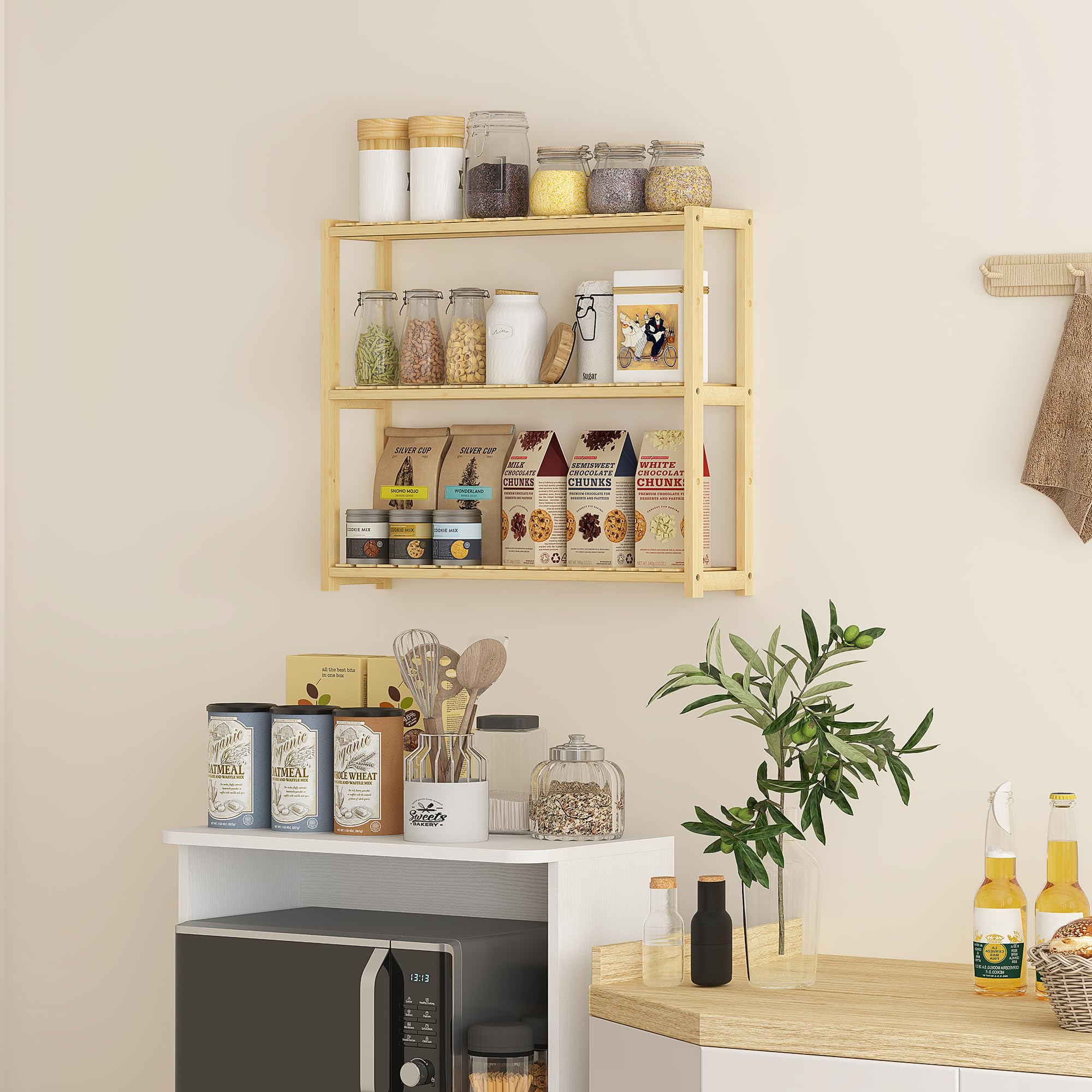 HOMCOM Scaffale da Bagno a 3 Ripiani Regolabili in 5 Livelli, Mobile Contenitore in Bambù a Parete o a Terra, per Cucina, Soggiorno e Bagno, 60x15x50 cm, Color Legno