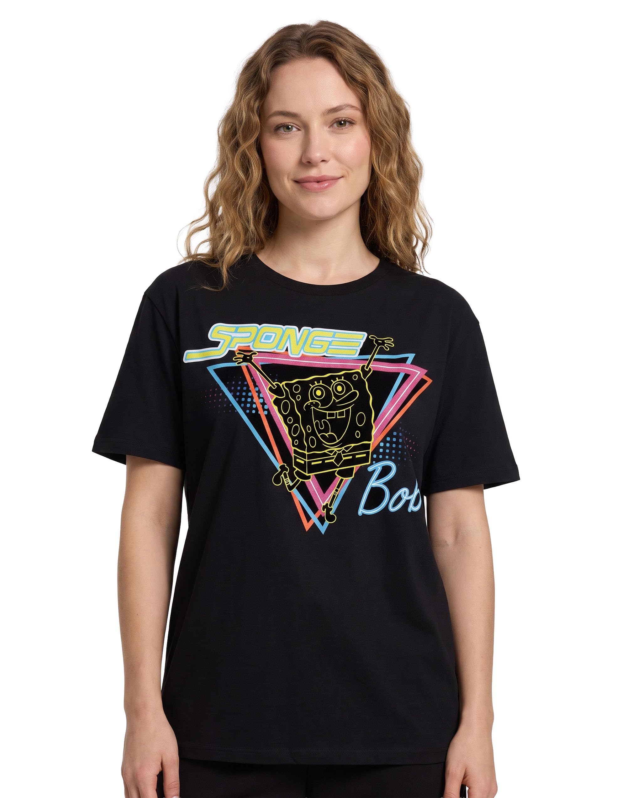 Spongebob Schwammkopf Women's Black Spongebob Squarepants T-Shirt | 80'S Neon Retro Graphic Tee For | Iconic Cartoon Lightweight Short-Sleeve Top | Sponge Bob Merchandise Gift For Adults