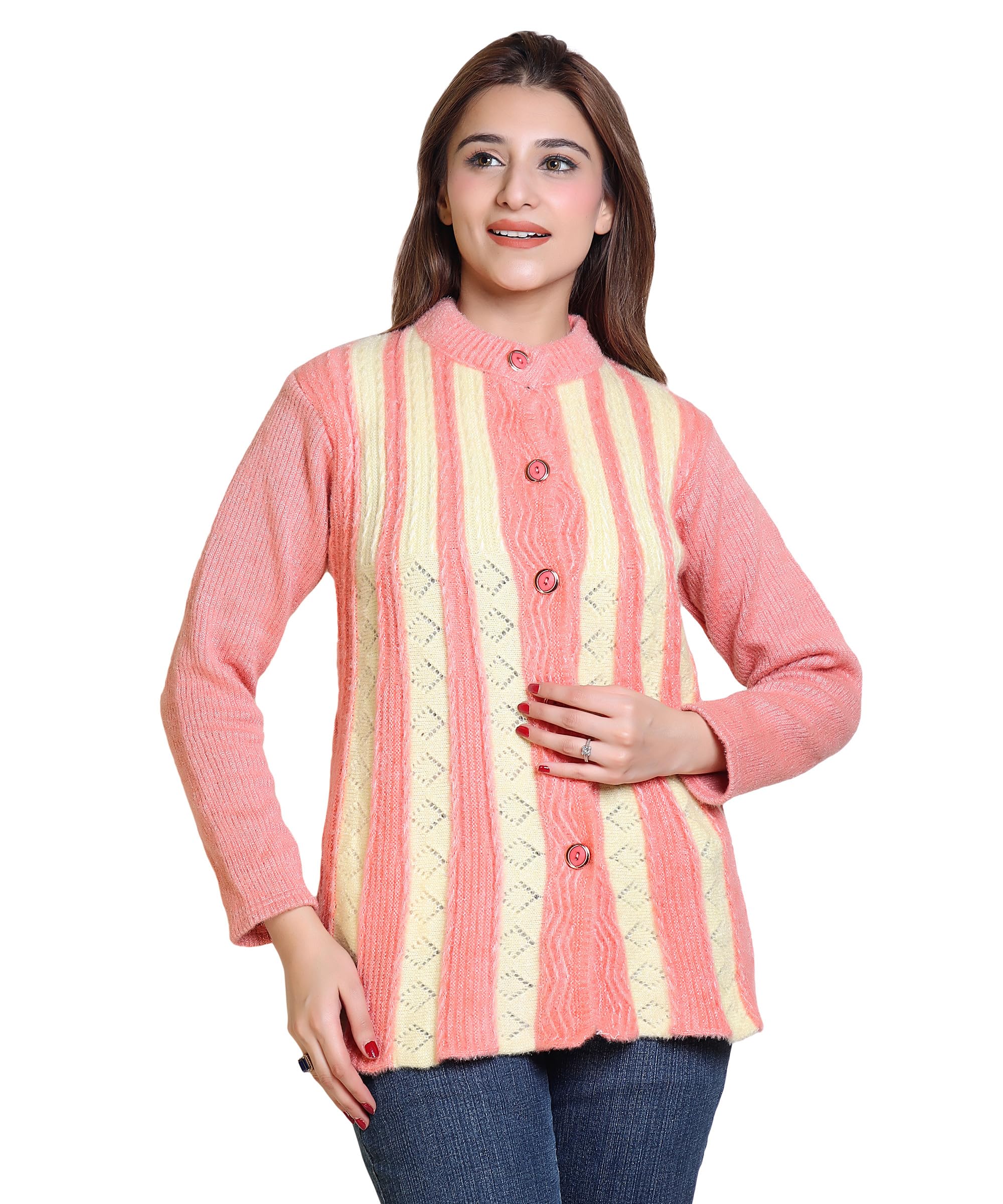 Women's Acro Wool Round Neck Sweater with 1 Pocket & Front Opening with Fancy Buttons for Winter Wear-image-22