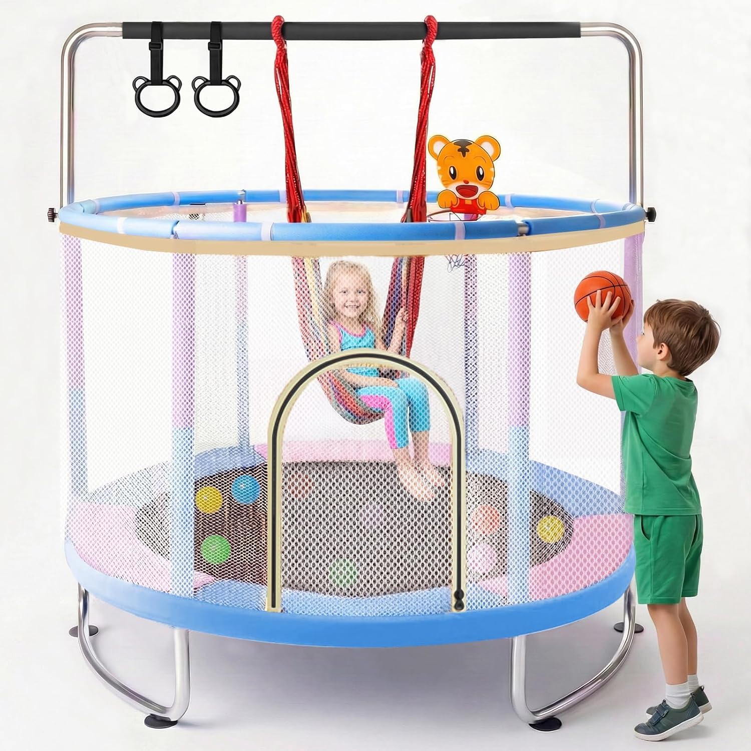 Trampoline de 1,5 m pour Enfants de 3 à 14 Ans - avec Balançoire, Barre de Gymnastique & Panier de Basket - Adaptée Intérieur et Extérieur.