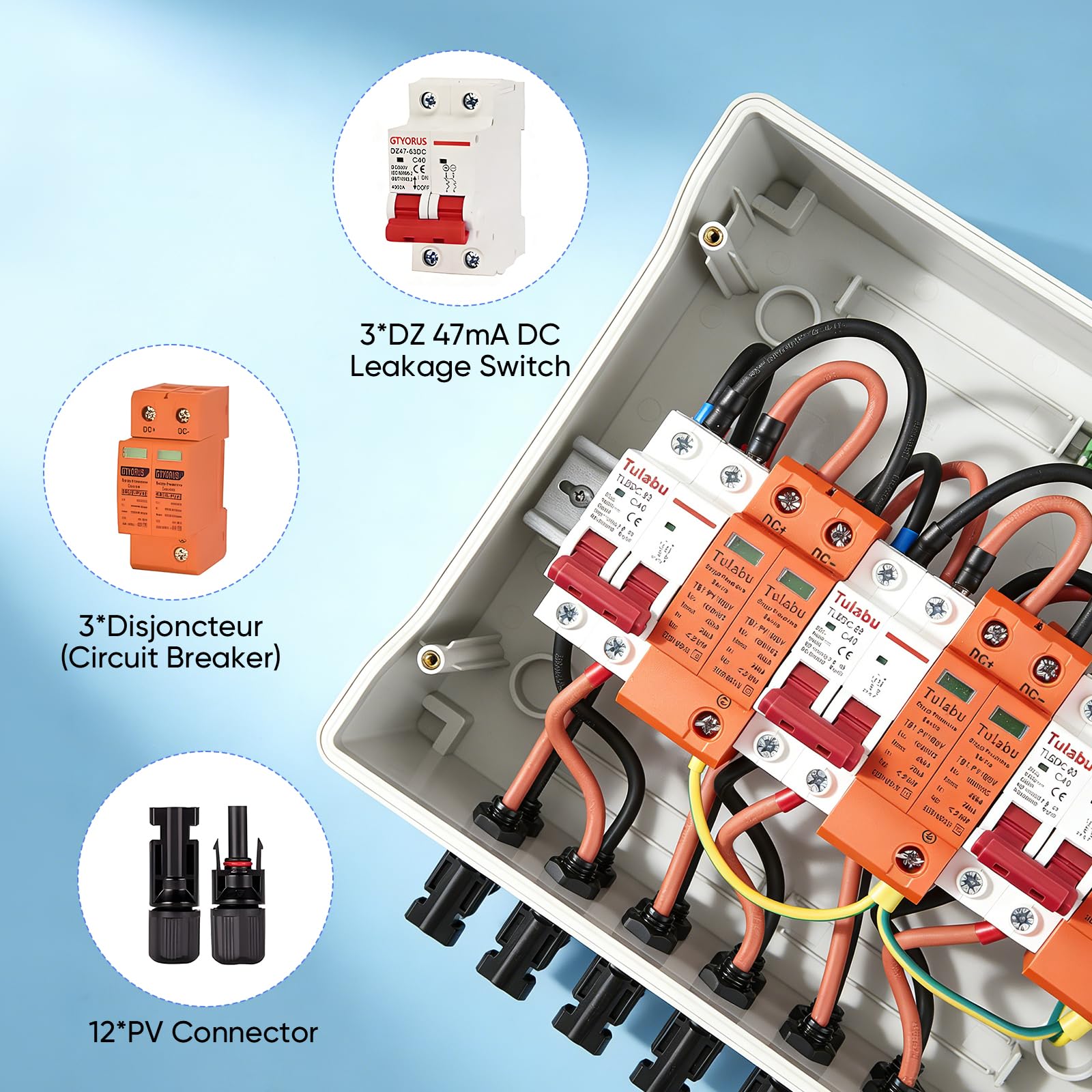 Überspannungsschutz PV, DC 40A/1000V 3 in 3 out Trennschalter Blitzschutz Leitungsschutzschalter 3 String 1000V DC 40A 20-40KA IP65 Wasserdicht Solar Anschlusskasten für Photovoltaik PV Anlage