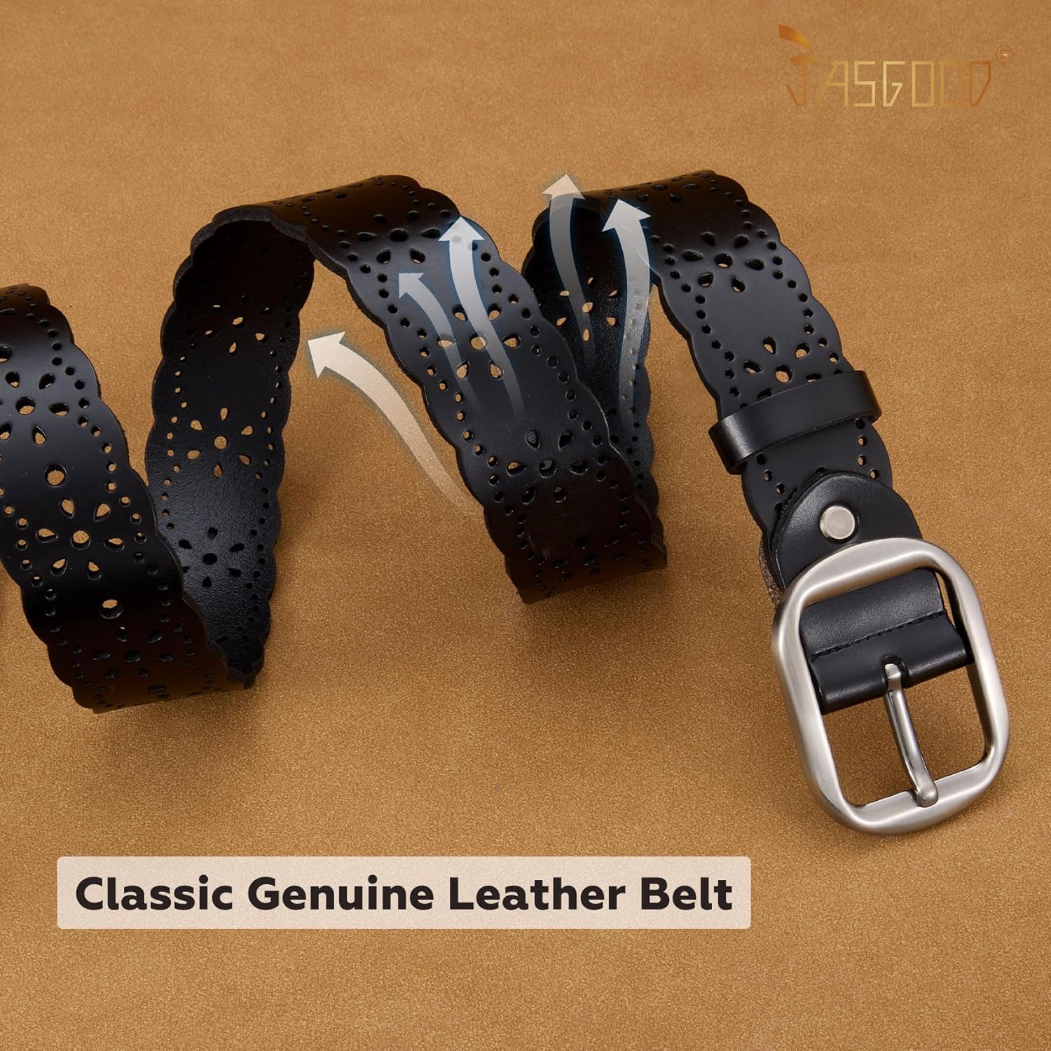 JASGOOD Women's Hollow Flower Genuine Leather Belt for Jeans Pants Wide Belt for Ladies - Image 5