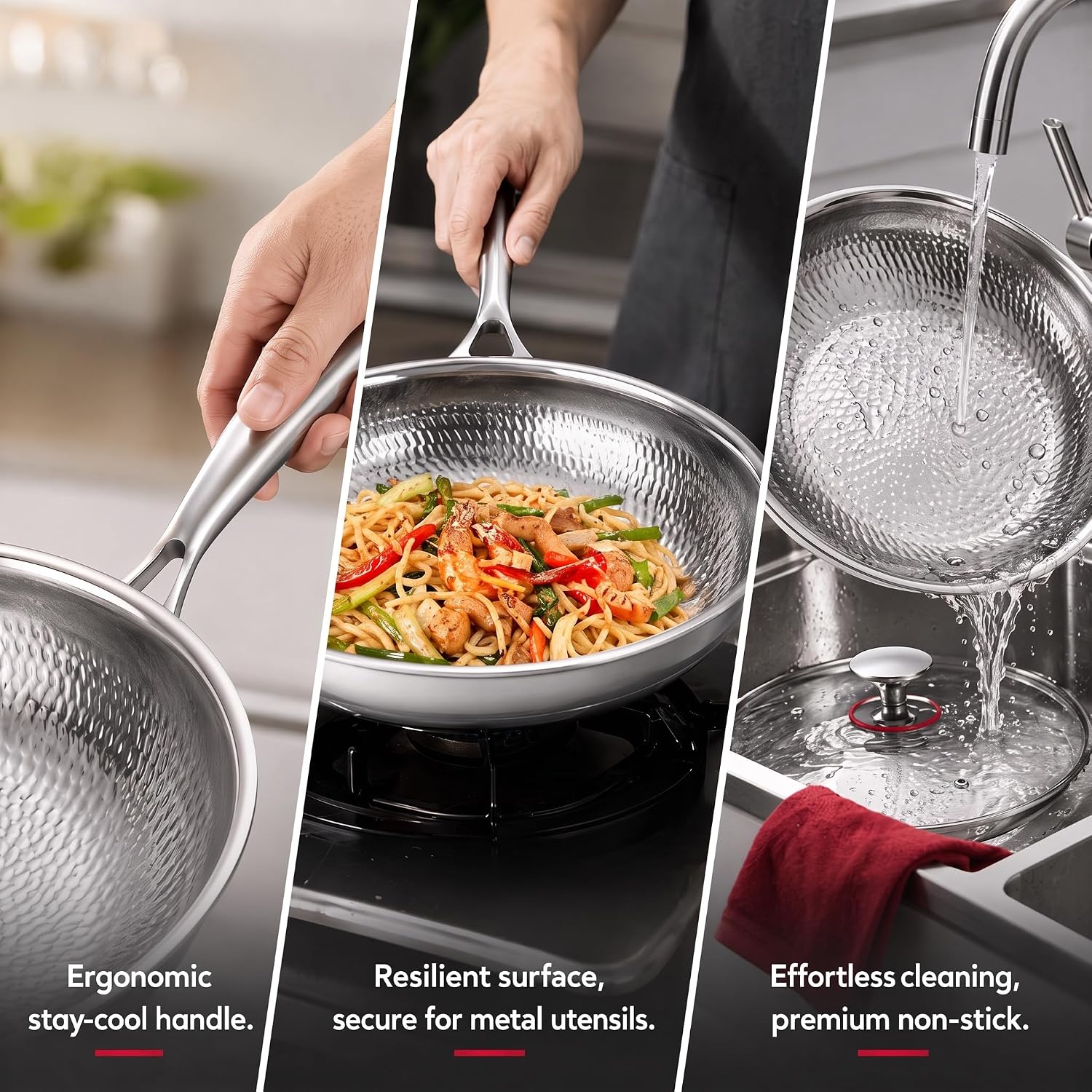 Titanium Hammered Non-Stick Frying Pan Set 8/10/12" with Lids