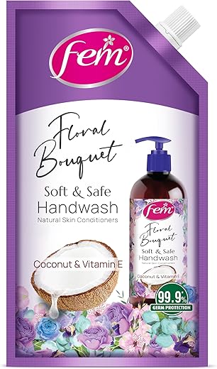 Fem Floral Bouquet Soft & Safe Handwash – 750 ml | Enriched with Goodness of Coconut Milk & Vitamin E | Long Lasting Fragrance