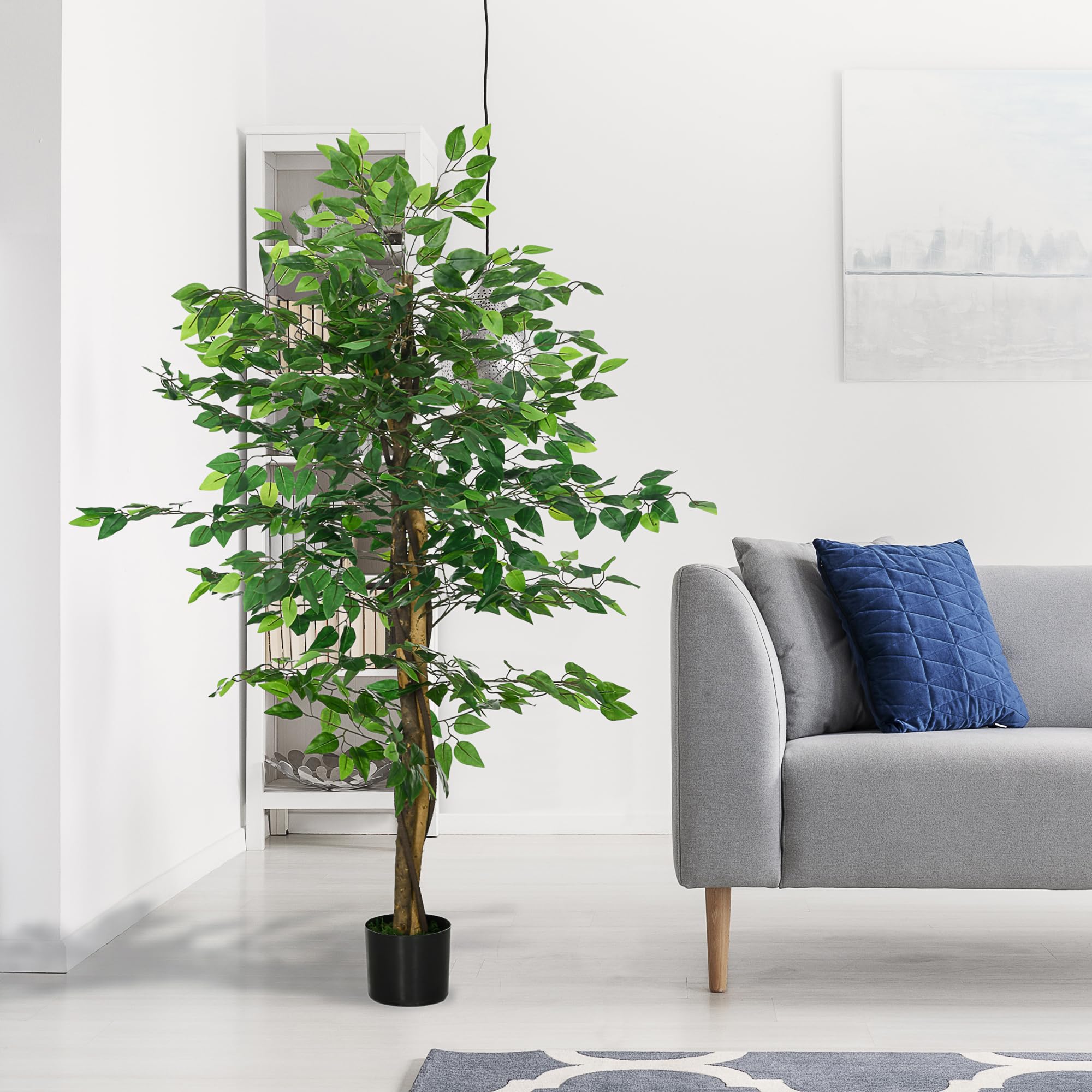 HOMCOM Ficus Artificial con Troncos Naturales 150 cm Planta Artificial con Maceta y 882 Hojas Árbol Artificial Decoración para Hogar Salón Oficina Verde