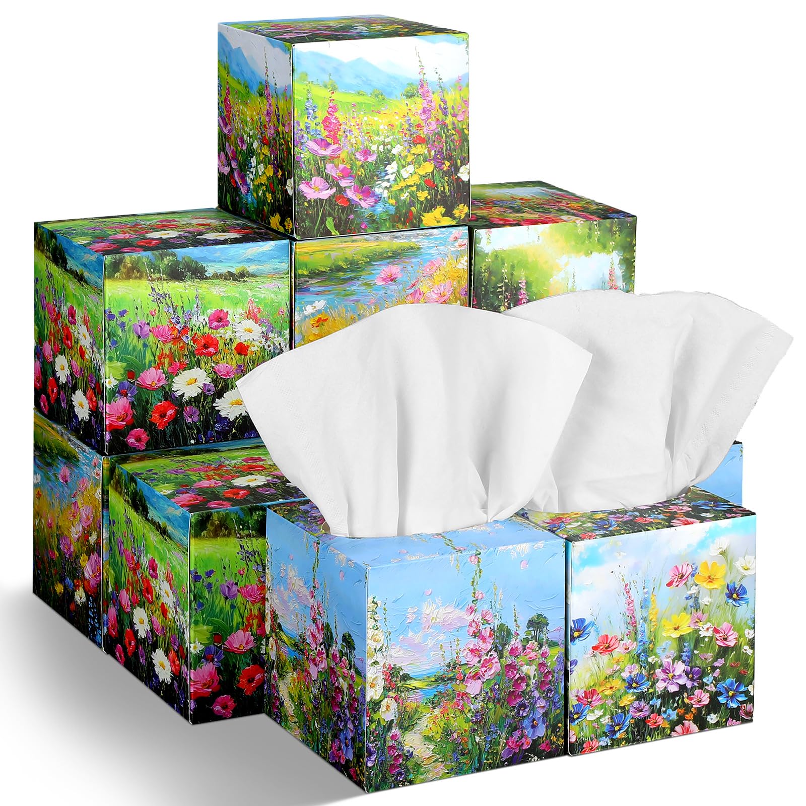 Fourluoo 12 Pack Floral Facial Tissues Cube Boxes, 600 Sheets 3 Ply