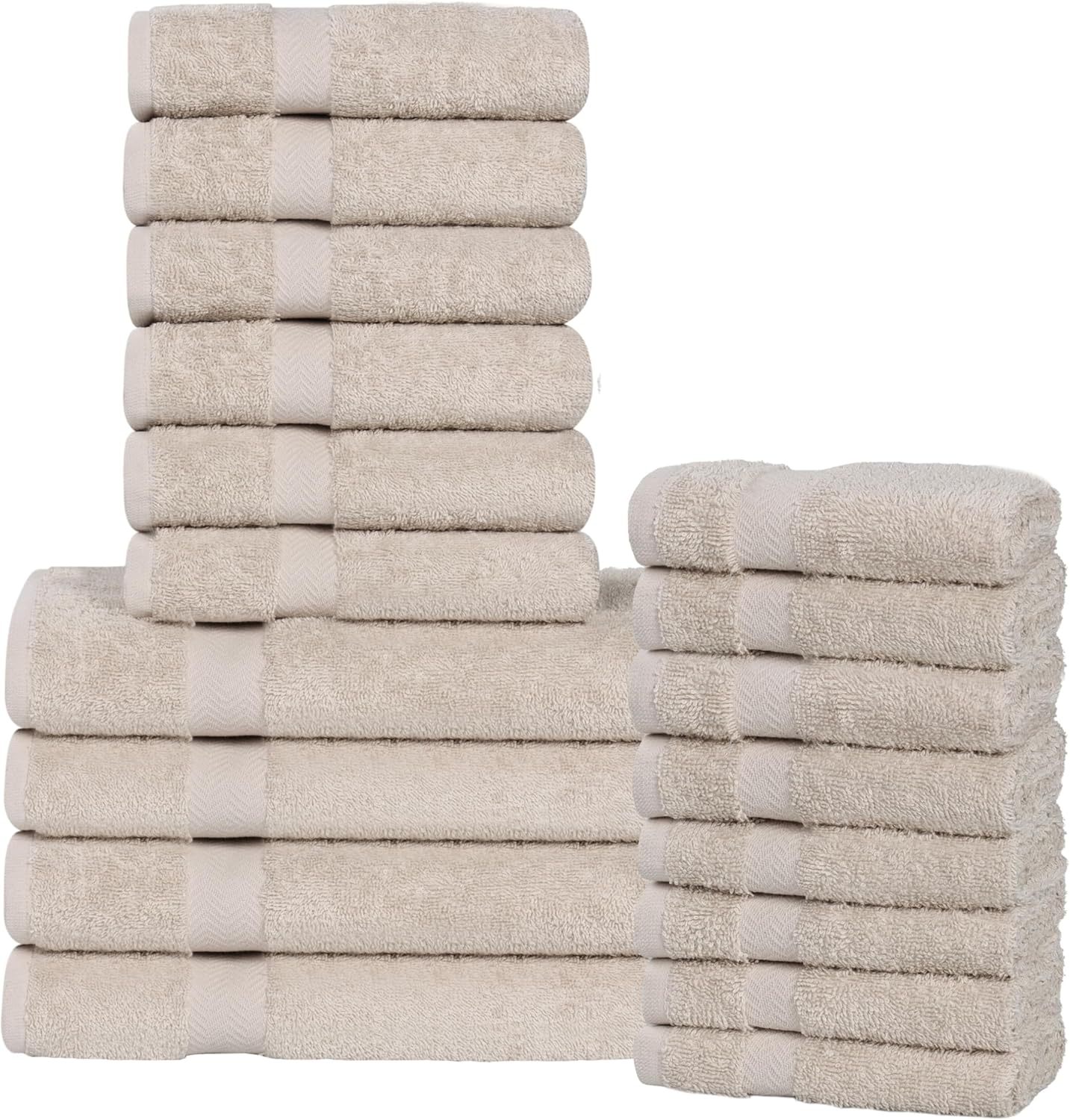 Superior 18-Piece Cotton Assorted Towel Set, Includes 8 Face/Washcloths, 6 Hand, and 4 Bath Towels, Lightweight Essentials, for Home, Gym, Beach, Bathroom, Quick Drying, Franklin Collection, Stone