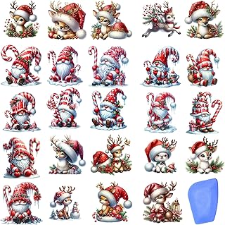 24 Sheets Vintage Christmas Rub On Transfers for Crafts, Rub On Transfers Christmas for Wood，Furniture Decals, Glass, Porcelain, Leather, Canvas, Fabric Projects,3 * 3inch(Gnome Reindeer)