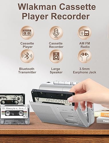 Miniatura 2 de Grabadora de casete con transmisor Bluetooth, Walkman, reproductor de cassette AM FM portátil con altavoz grande, conector estéreo para auriculares,