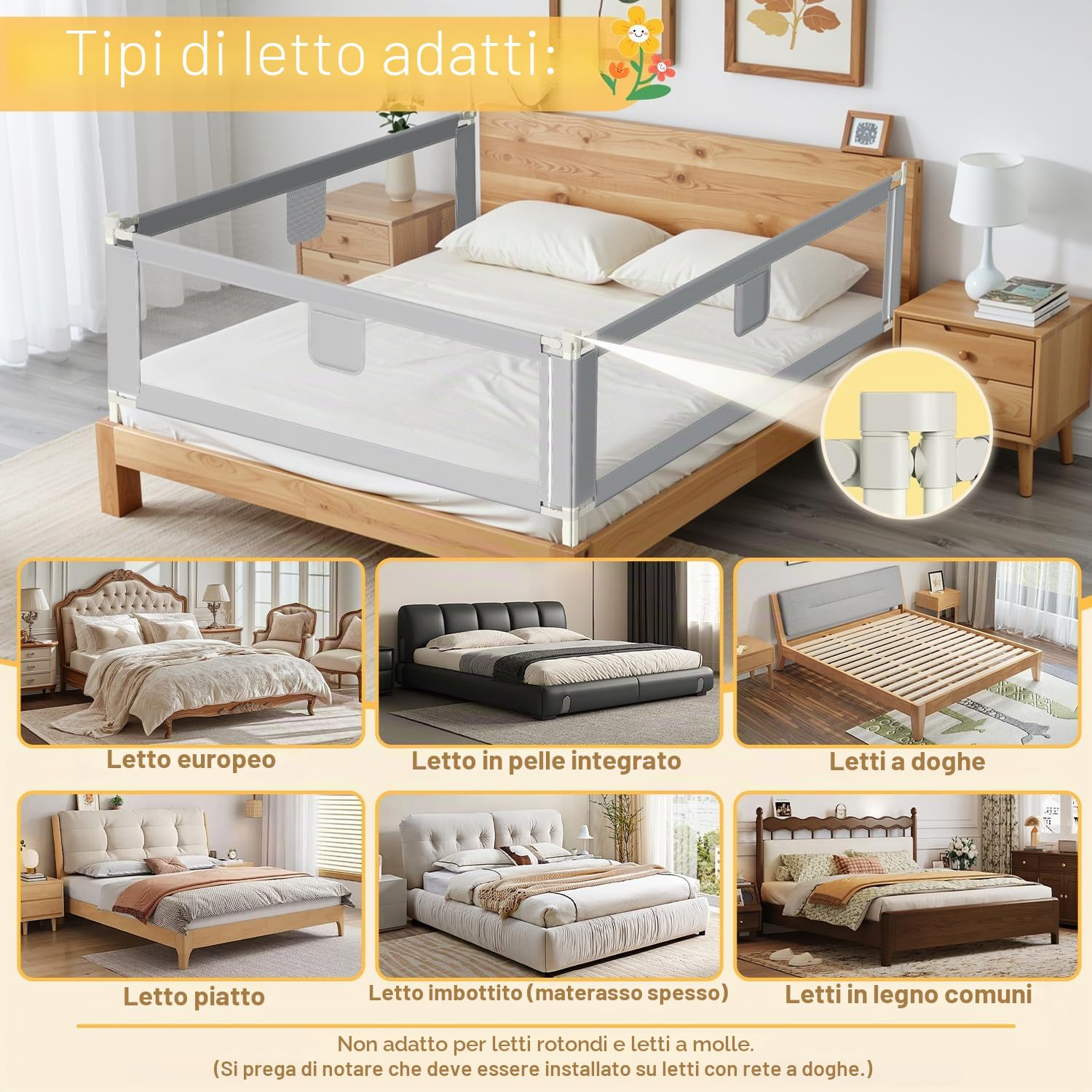 Sponda di protezione anticaduta per letto da 200 cm x 2 + 180 cm x 1, sponda di protezione per letto regolabile in altezza 64-96 cm, per neonati e bambini, con interruttore a doppio pulsante