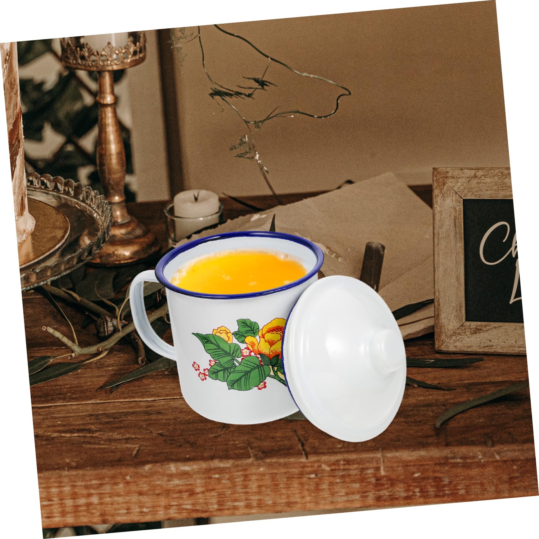 SOIMISS Tazza da Tè Retrò in Smalto 500ml Coperchio, Design Manico Isolante, Lavabile a Ampia Apertura, Set 2 Pezzi per Uso Domestico e Campeggio Stili multipli