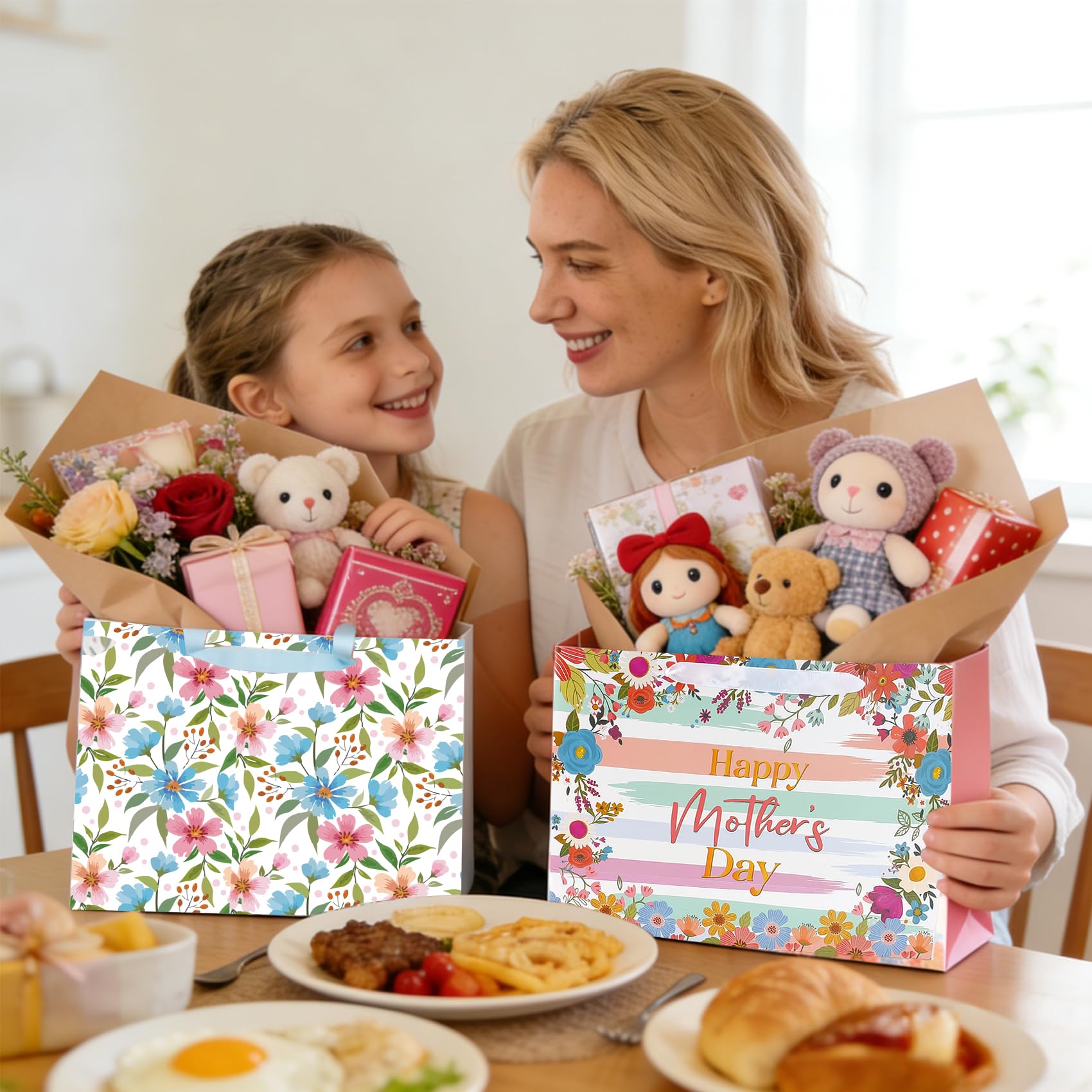 2 Pack 13" Large Mothers Day Gift Bags, Reusable Paper Mothers Day Floral Gift Bag with Handles Elegant Mothers Gift Wrap Bags with Flowers Pattern Design for Woman Moms Grandmas Gift Wrapping Supplie