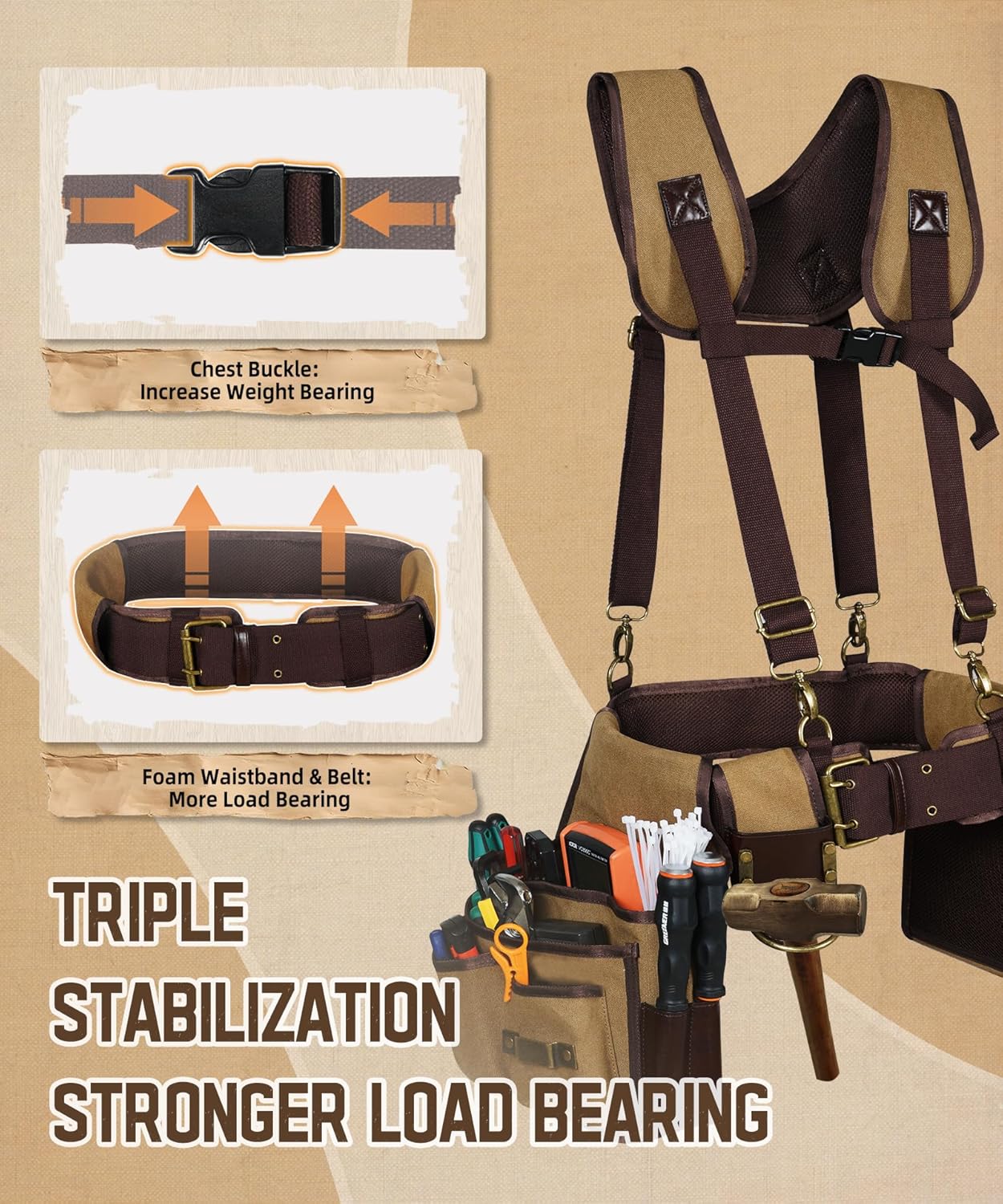 ARCFOX Carpenter Tool Belt with Suspenders for Men, 31-55” Adjustable Detachable Waist Padded Work Belt Pouchs, Hammer Holder, Tool Storage Organizer for Electrician, Construction, Maintenance Workers