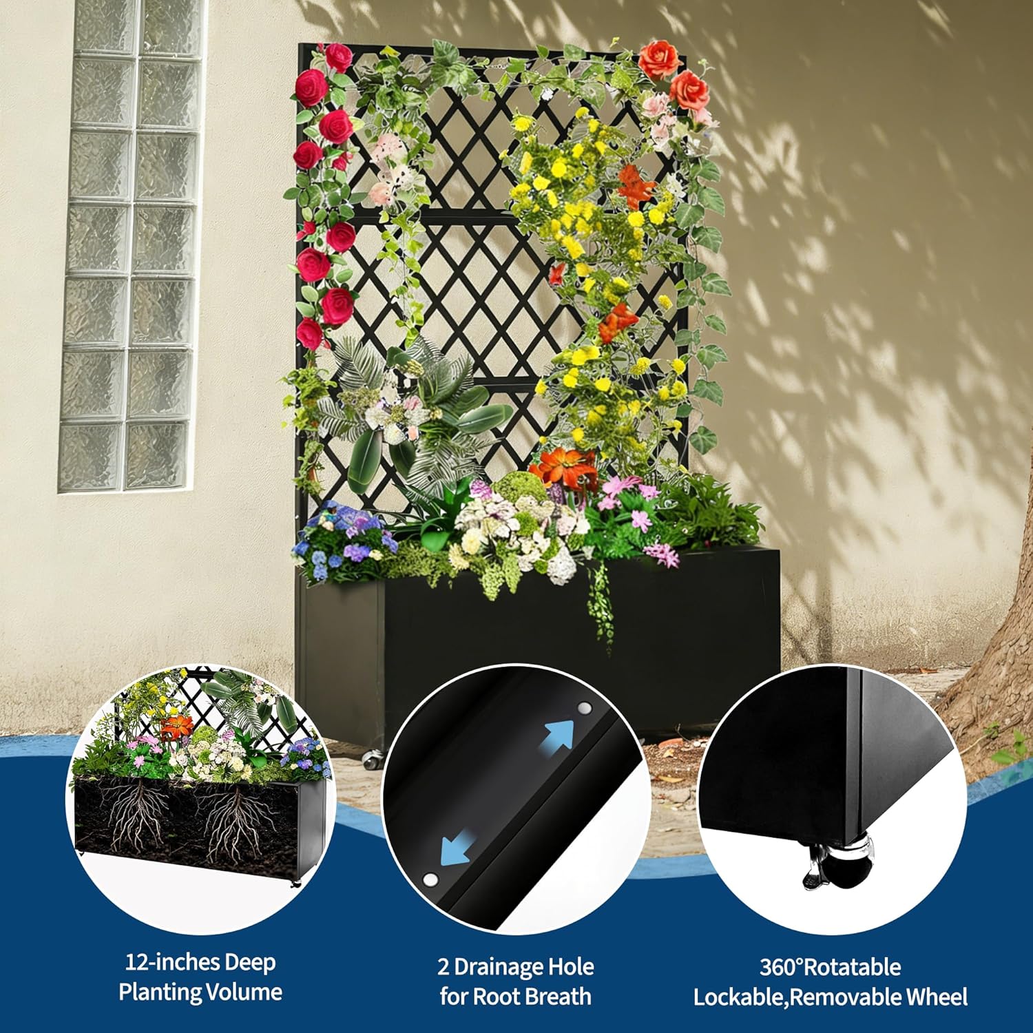 Galvanized Steel Raised Garden Bed with Trellis, 71"X46"X16" Planter Box with Lockable Wheels, Drainage Holes & Privacy Screen for Vegetables, Vines on Patio, Deck, Yard, Black