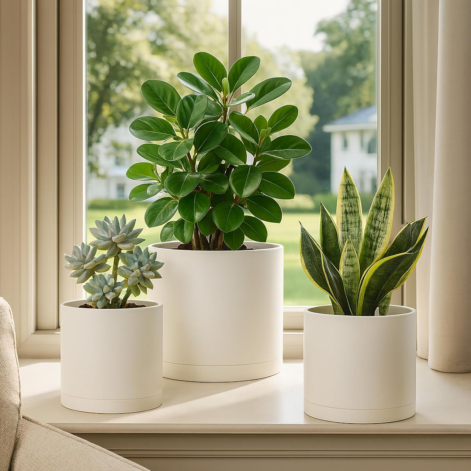 D'vine Dev 6 Inch 6.5 Inch 8 Inch, Set of 3 Plastic Planter Pots for Plants with Drainage Hole and Seamless Saucers, Oatmeal, Medium, 74-V-H-3