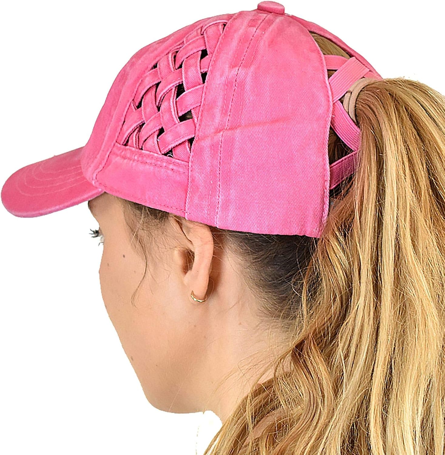 C.C Criss Cross Pattern Ponycap Adjustable Messy High Bun Ponytail Baseball Cap, Pink