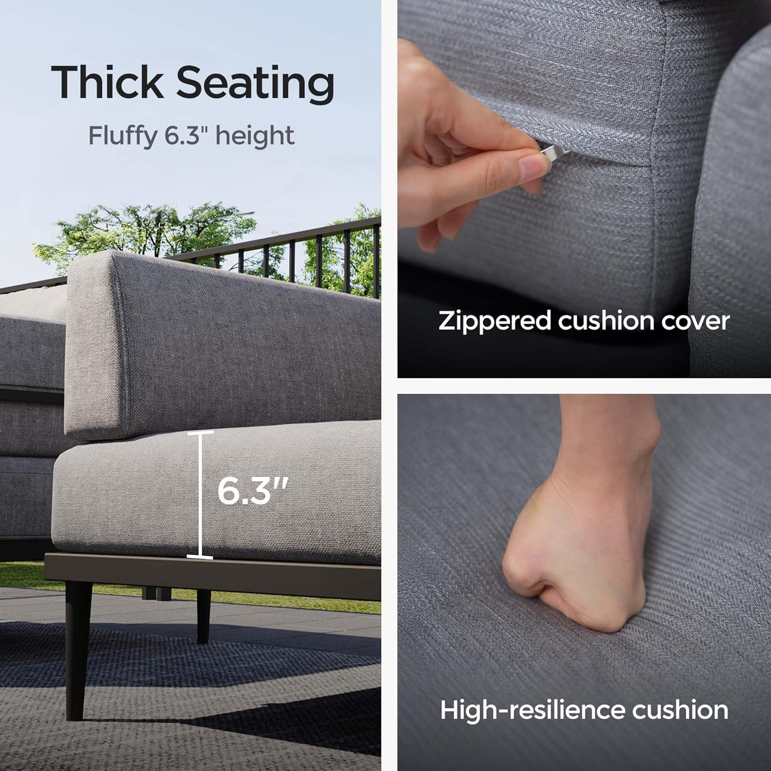 Acanva Modular Outdoor Patio Sectional Sofa, All-Weather Free Combination Balcony Furniture with Olefin Fabric and Thick Cushions, Grey, Armless Chair