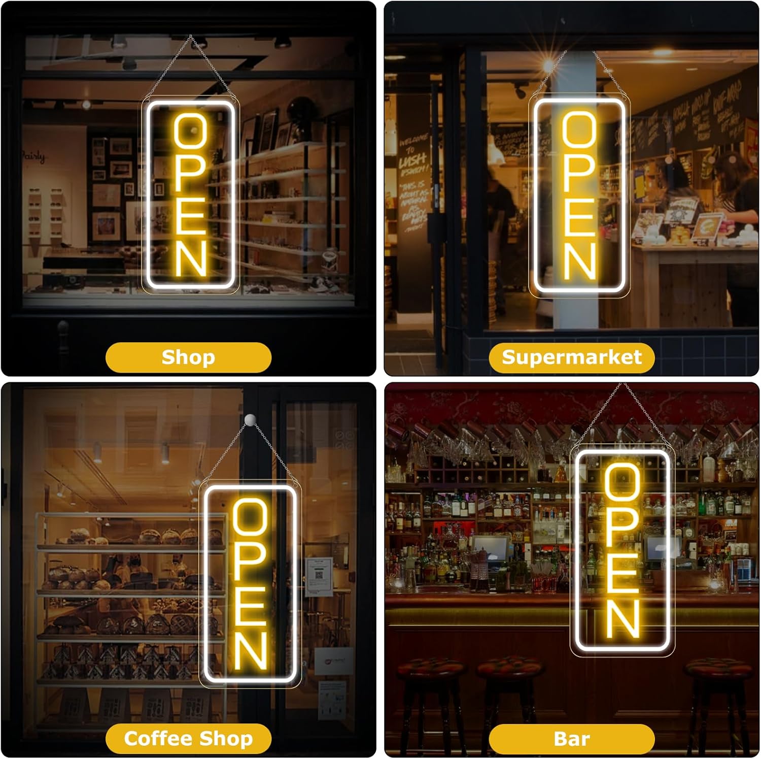 22.8"x 11.8" Ultra Bright 12V Neon Open Sign for Business, LED Open Neon Sign, Electric Light up Signs for Stores, Restaurants Offices Retail Shops Window (Yellow-White-Vertical) - Image 6