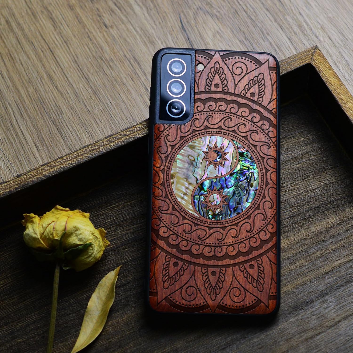 Carveit Designer Wooden Cover for Samsung Galaxy S22 Case [Wood Engraving & Shell Inlay] Compatible with Wireless Chargers Galaxy S22 (Yin Yang Paisley-Rosy)