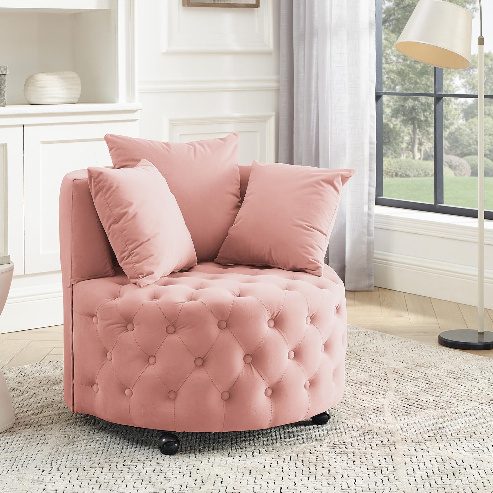 JOYBASE Swivel Barrel Chair, Velvet, Pink, Modern Glam, Chair with 3 Pillows, Cozy Comfy Lounge Accent Armchair for Living Room, Bedroom