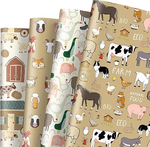 AnyDesign - 12 hojas de papel de regalo con temática de animales de granja, papel de regalo plegado a granel, plano retro, caricatura, papel de